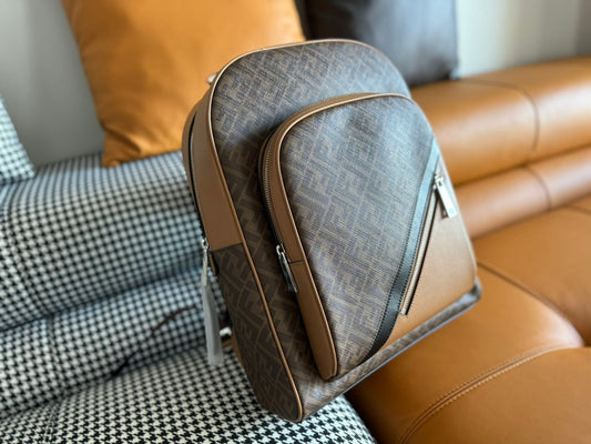 Luxury FendiLuxury Fendi44 MINI BACKPACK IN CAMEL BROWN MONOGRAM JACQUARD FABRIC AND CALFSKIN
