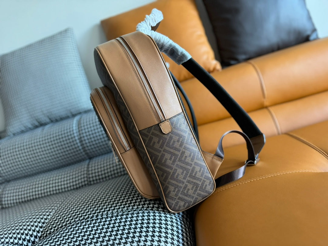 Luxury FendiLuxury Fendi44 MINI BACKPACK IN CAMEL BROWN MONOGRAM JACQUARD FABRIC AND CALFSKIN