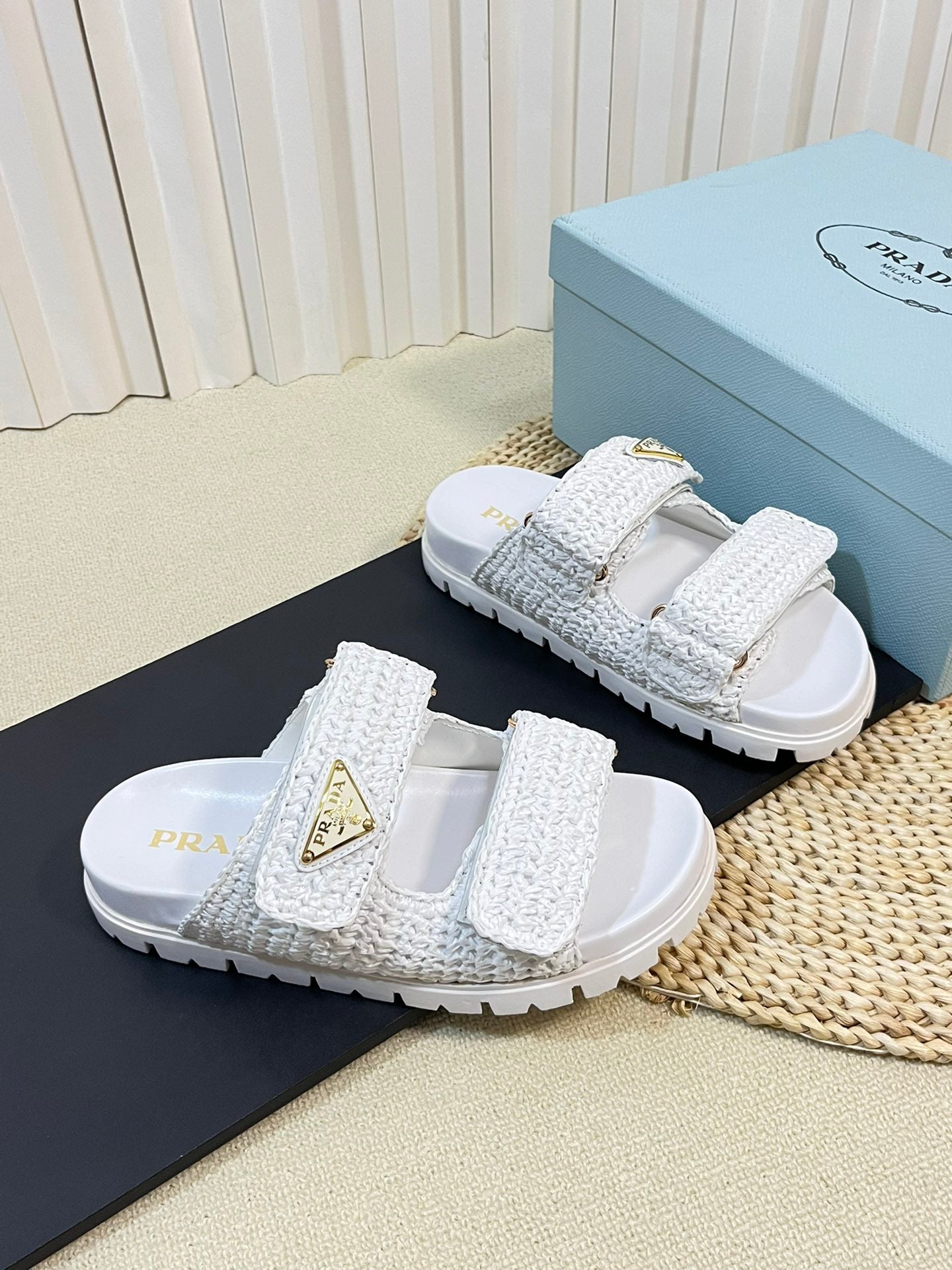 Luxury PradaRaffia Cork Slide 40 White