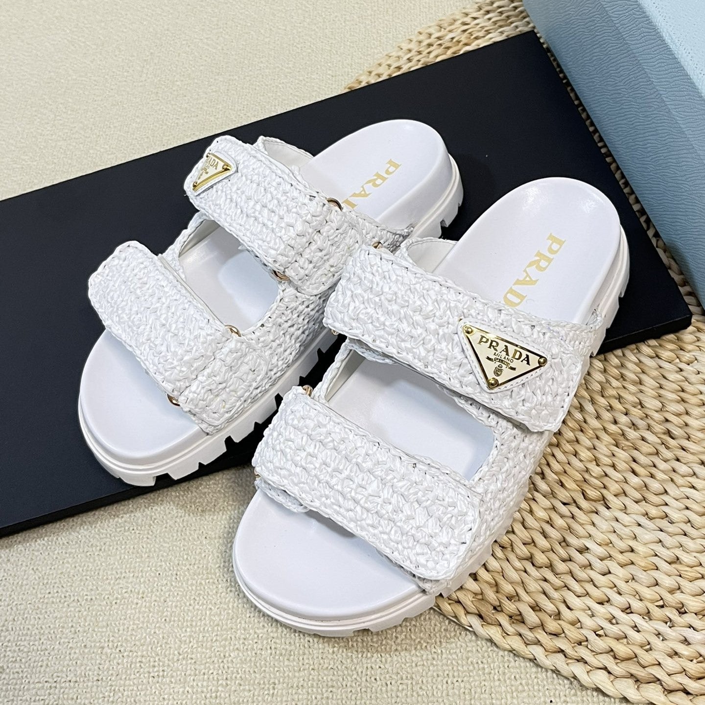 Luxury PradaRaffia Cork Slide 40 White