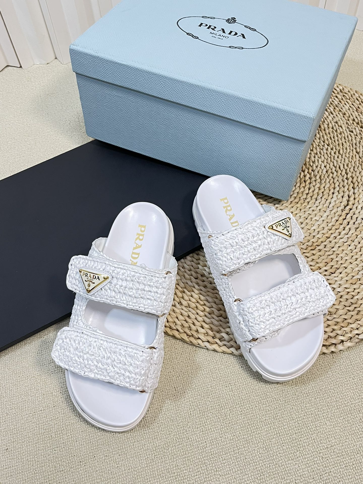 Luxury PradaRaffia Cork Slide 40 White