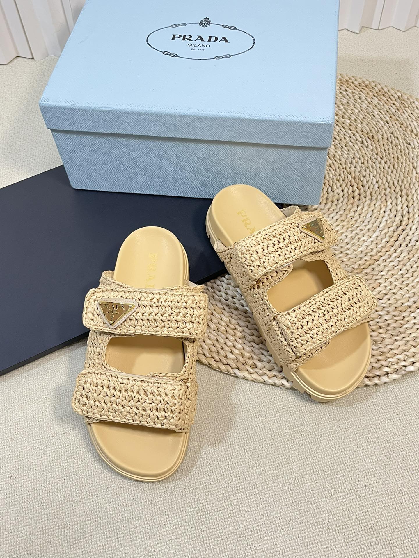 Luxury PradaRaffia Cork Slide 40 Beige