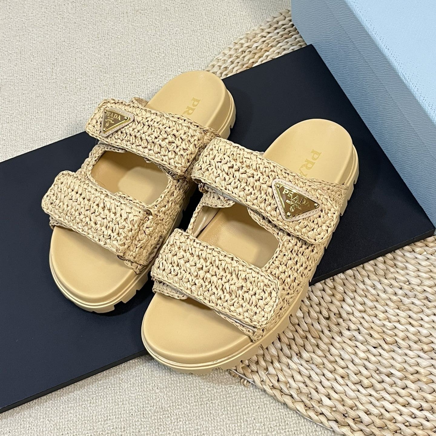 Luxury PradaRaffia Cork Slide 40 Beige