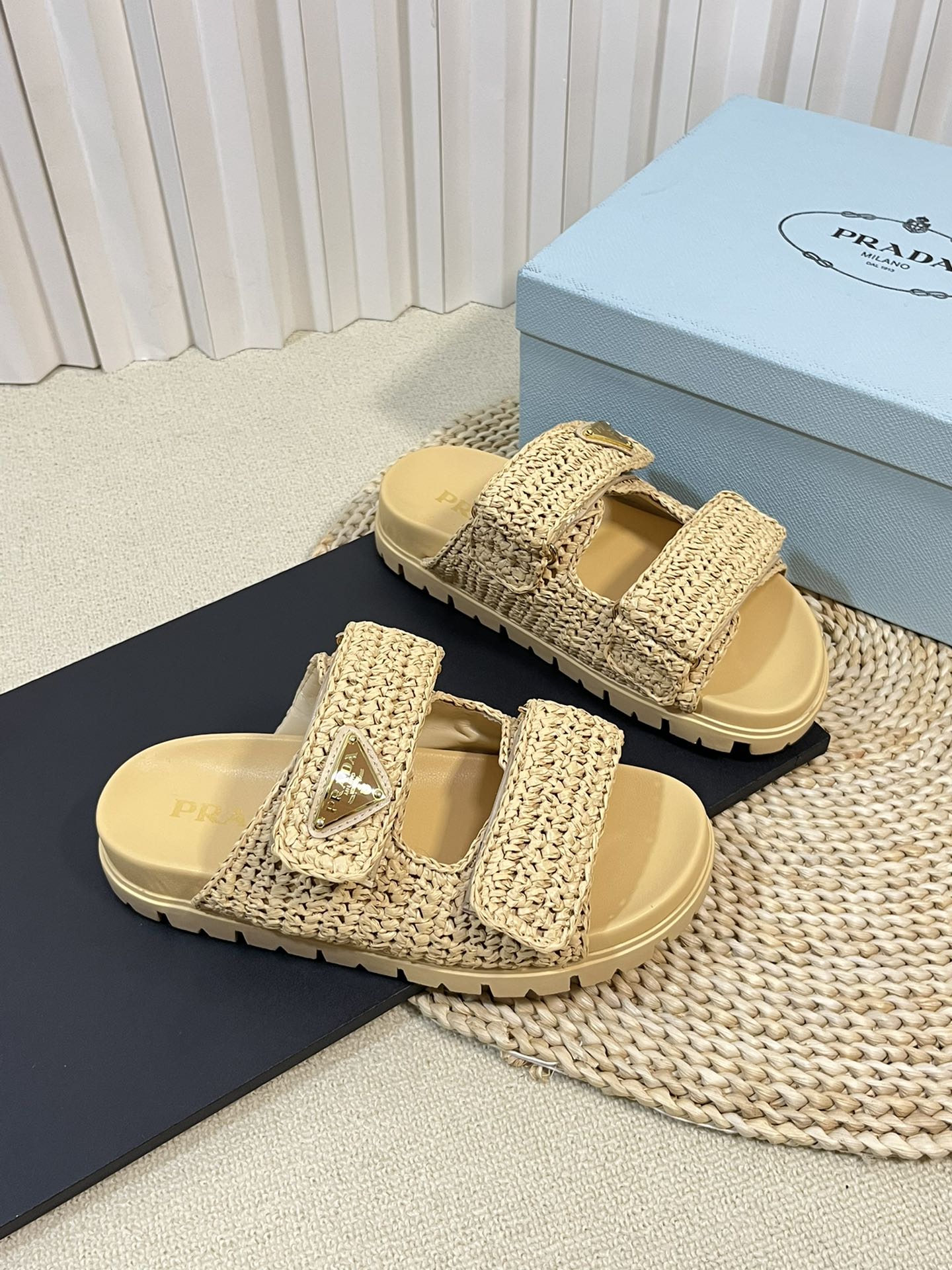 Luxury PradaRaffia Cork Slide 40 Beige