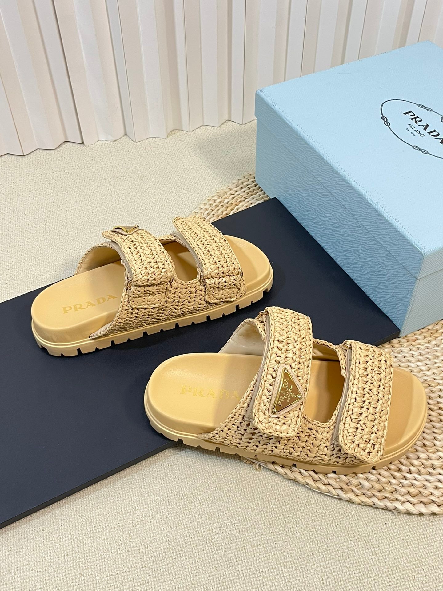 Luxury PradaRaffia Cork Slide 40 Beige