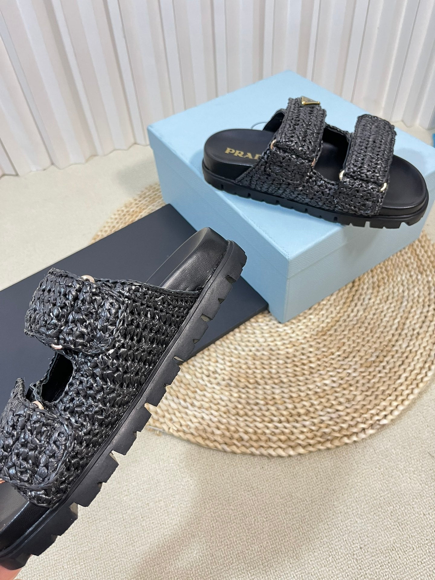 Luxury PradaRaffia Cork Slide 40 Black