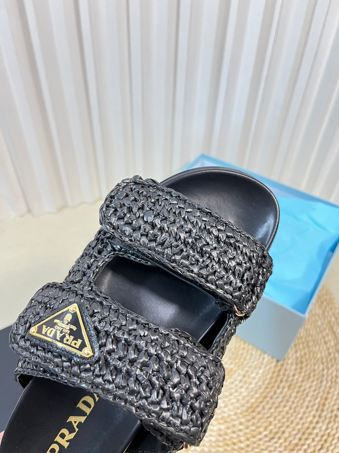 Luxury PradaRaffia Cork Slide 40 Black