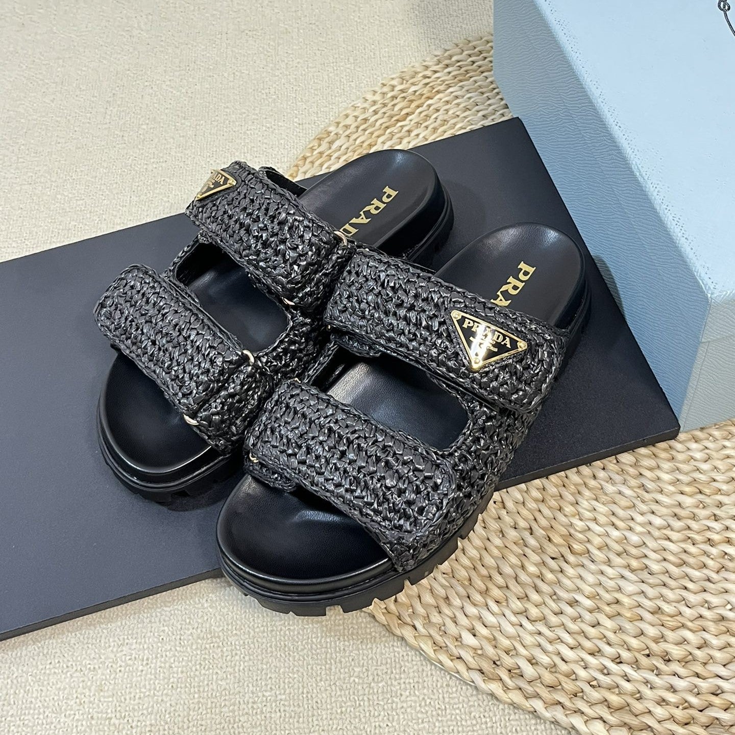 Luxury PradaRaffia Cork Slide 40 Black