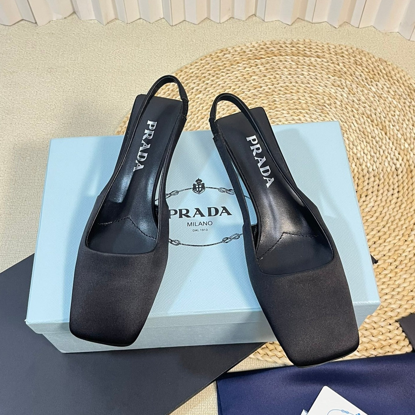 Luxury PradaSQUARE TOE SLINGBACK PUMPS BLACK SATIN
