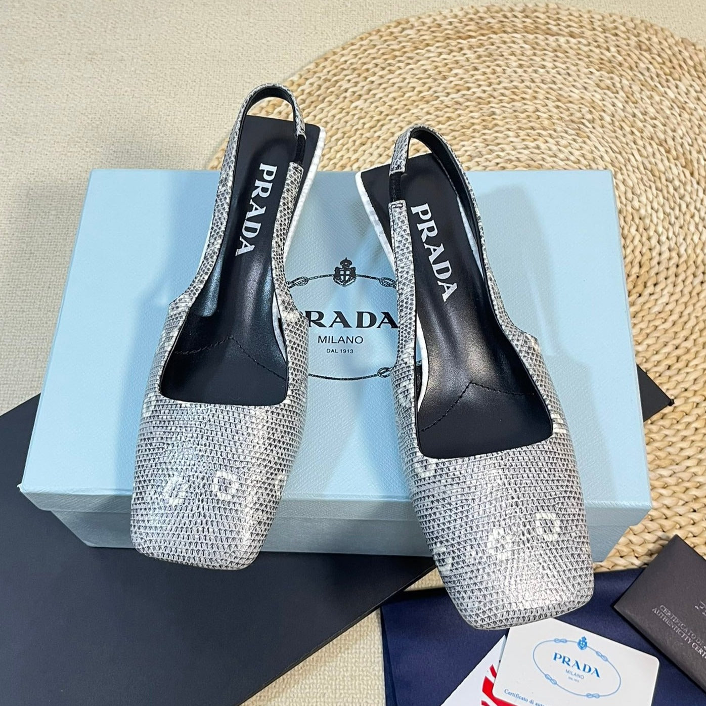 Luxury PradaSQUARE TOE SLINGBACK PUMPS PALE SNAKESKIN MOTIF SATIN
