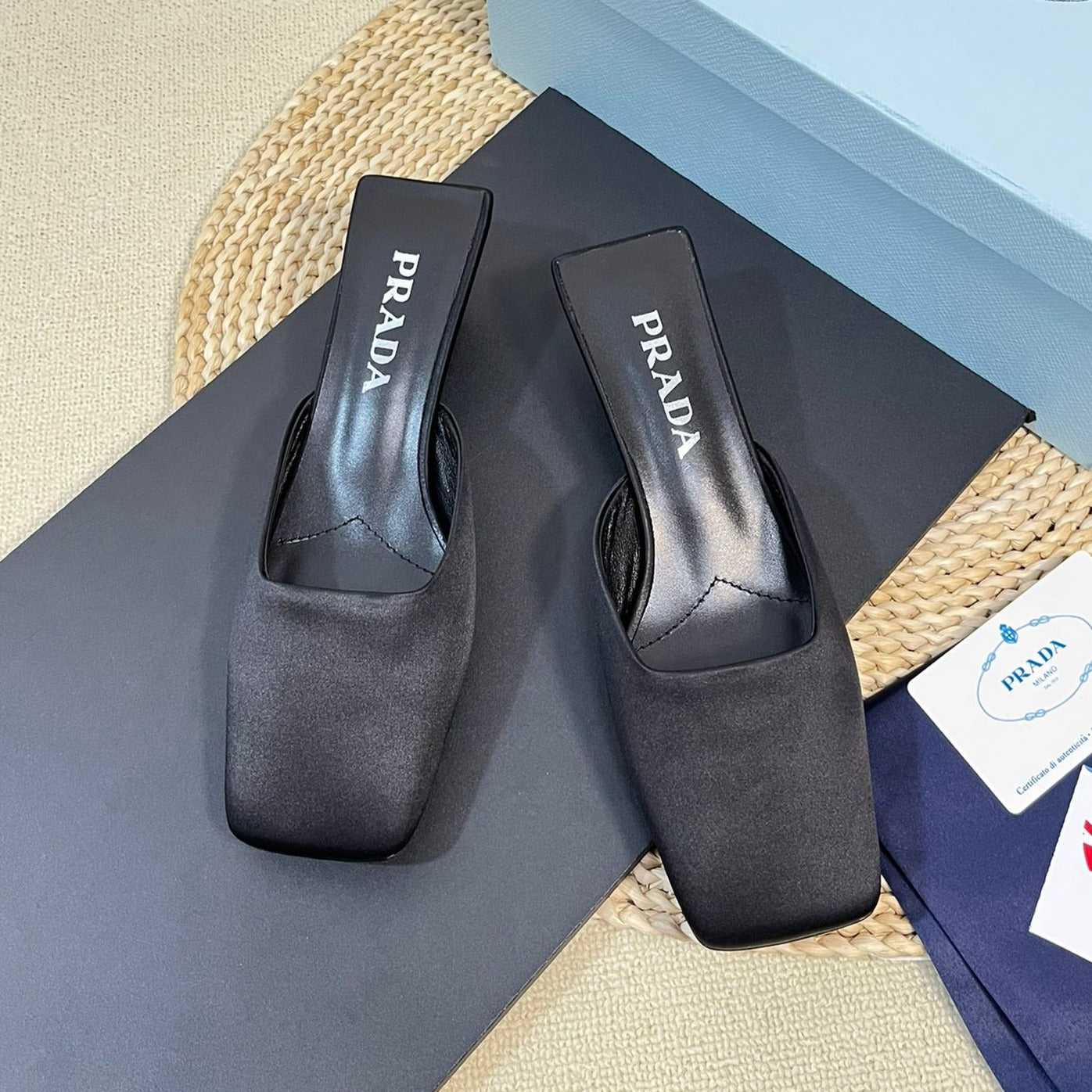 Luxury PradaSQUARE TOE MULES BLACK SATIN