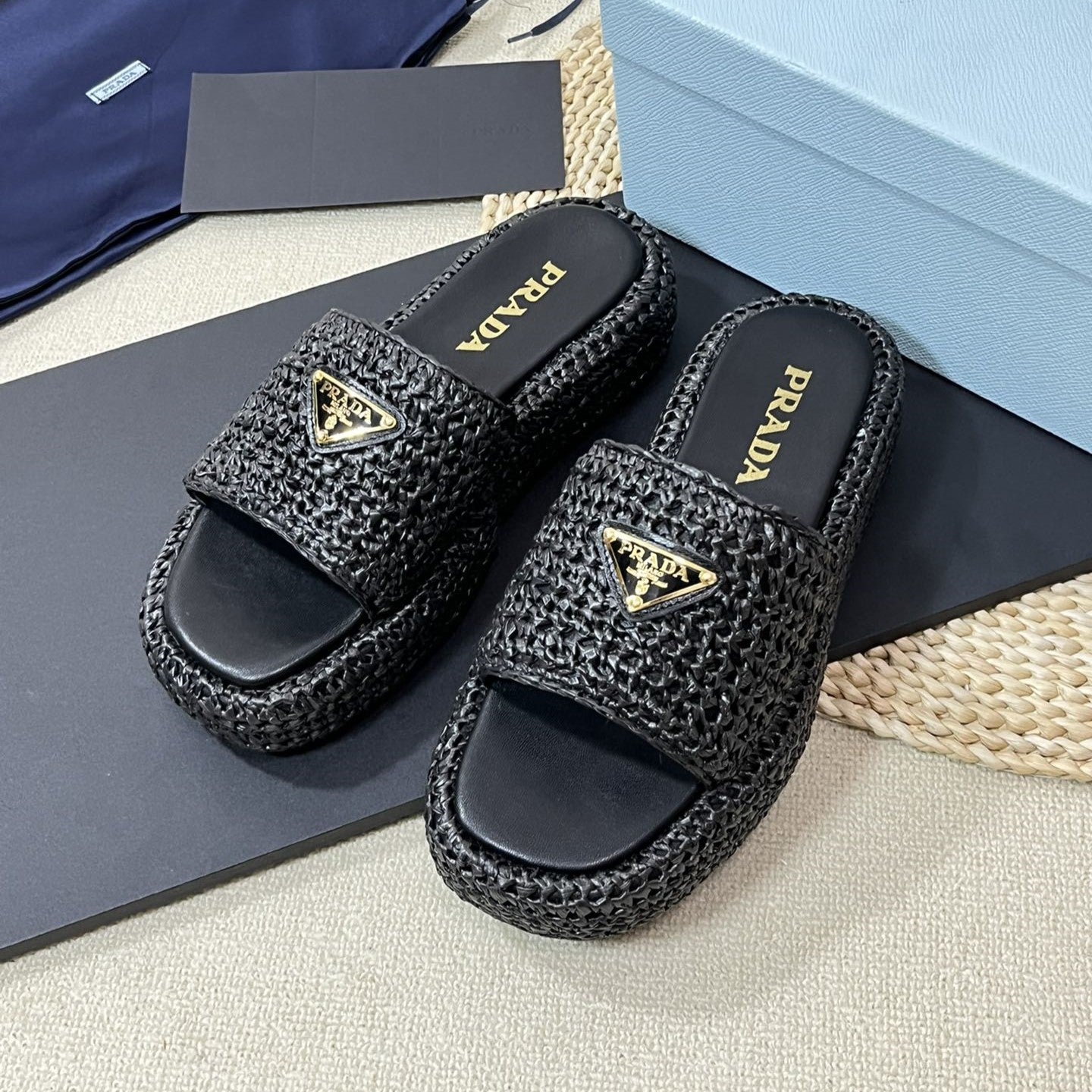 Luxury PradaCrochet Flatform Slides 40 Black