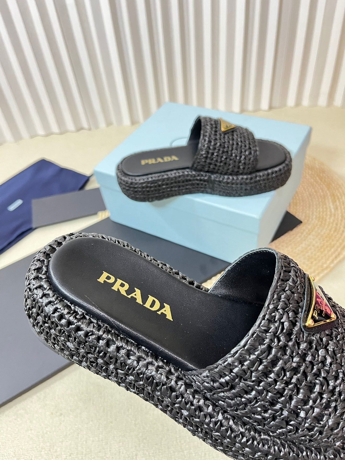 Luxury PradaCrochet Flatform Slides 40 Black