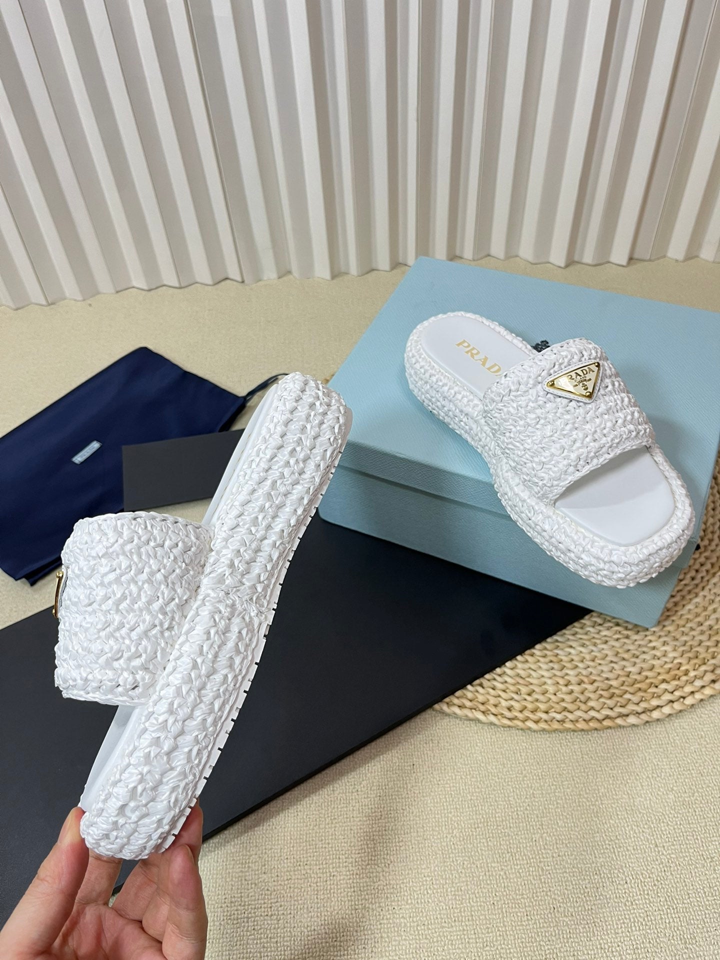 Luxury PradaCrochet Flatform Slides 40 White