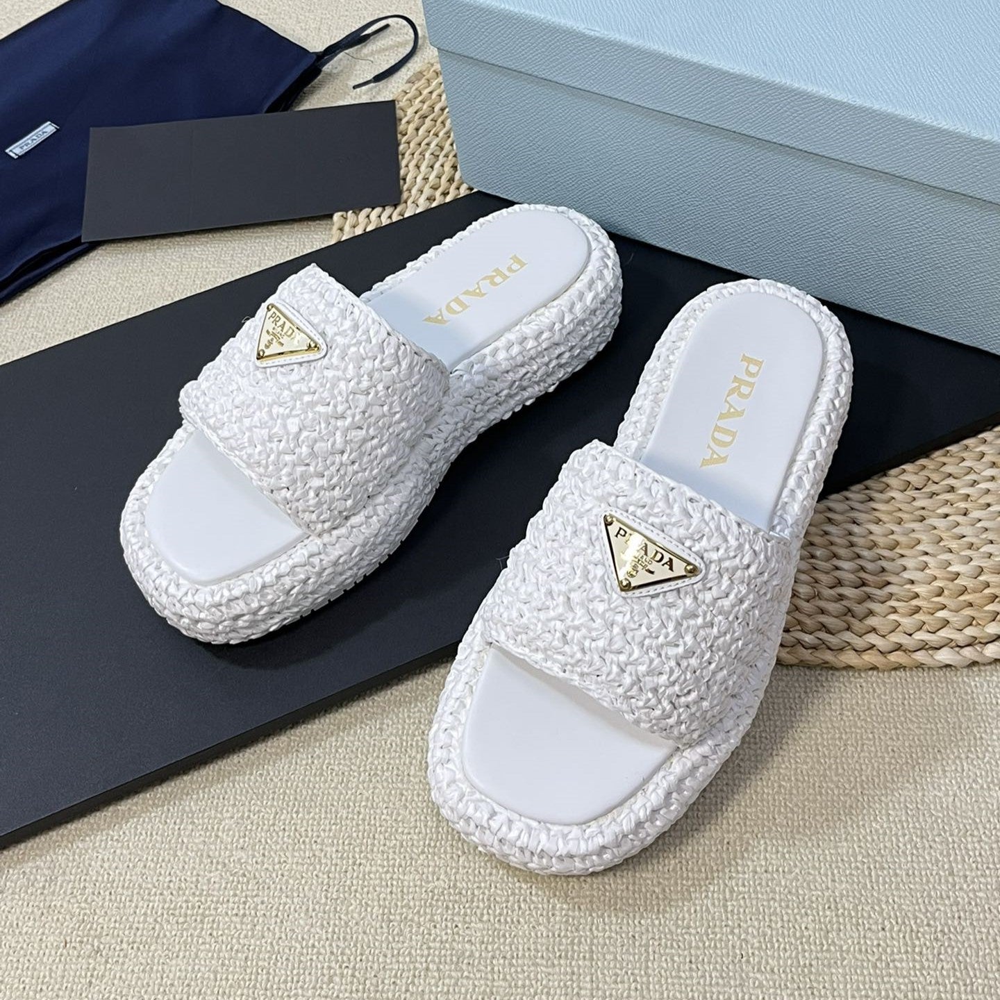 Luxury PradaCrochet Flatform Slides 40 White
