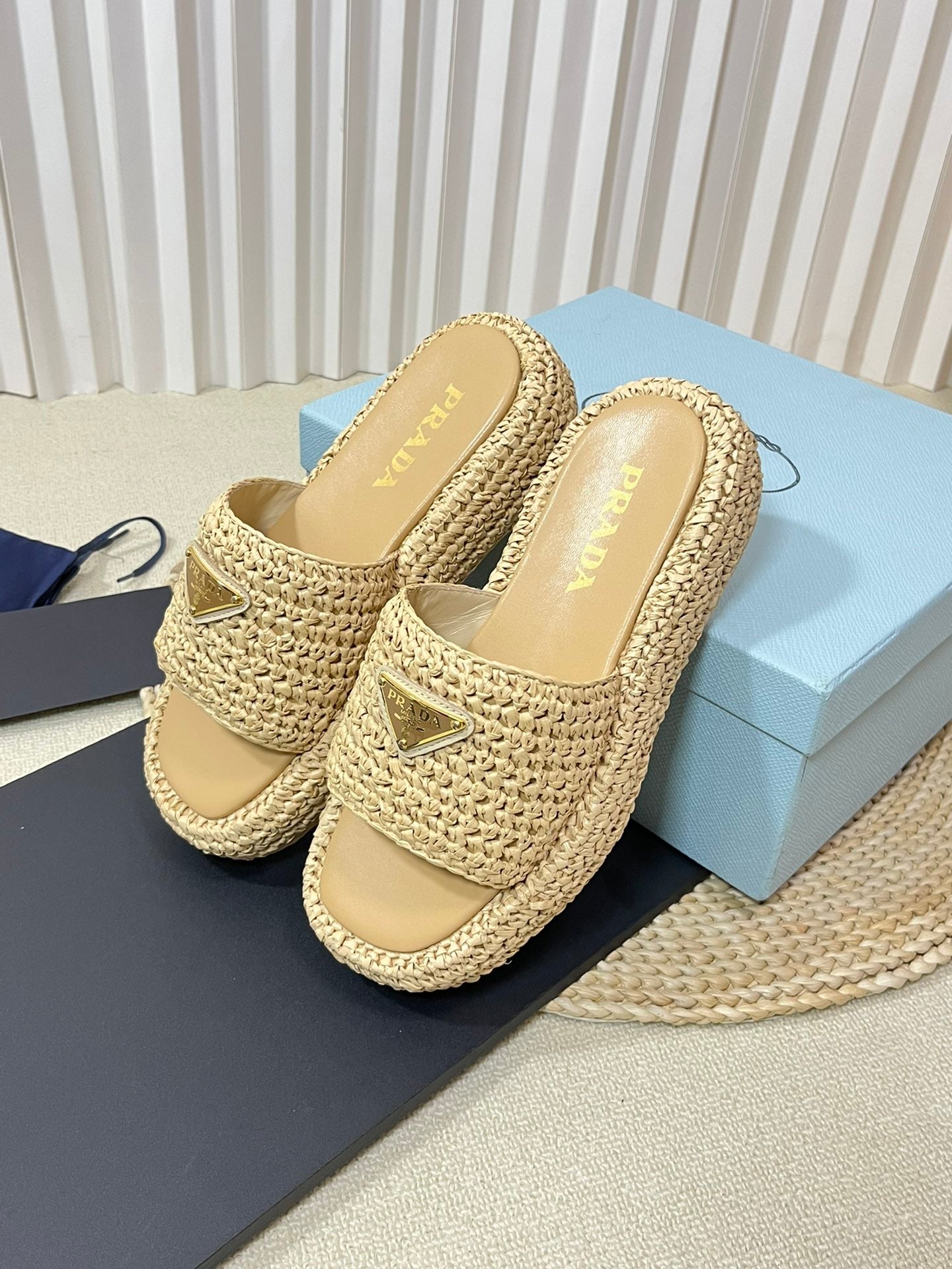Luxury PradaCrochet Flatform Slides 40 Beige