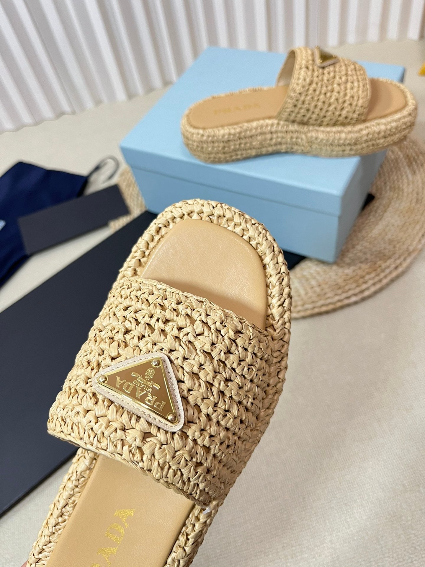 Luxury PradaCrochet Flatform Slides 40 Beige
