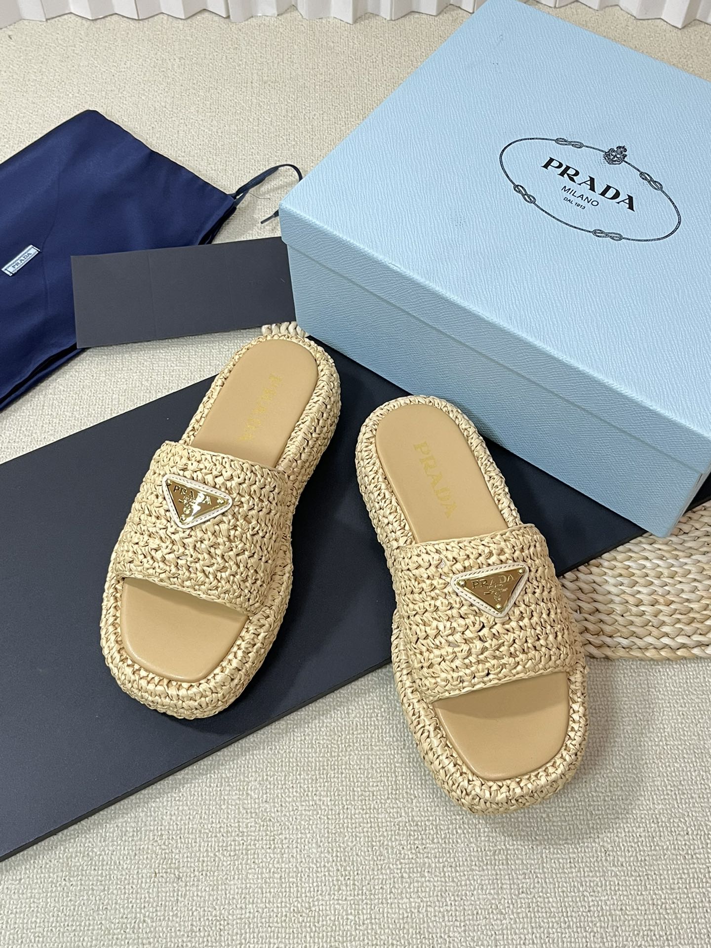 Luxury PradaCrochet Flatform Slides 40 Beige