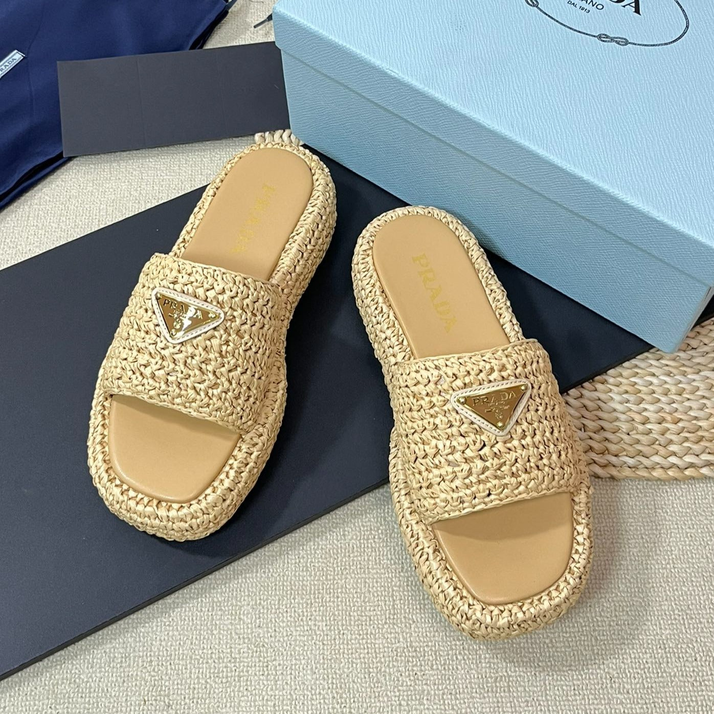 Luxury PradaCROCHET FLATFORM SLIDES BEIGE RAFFIA