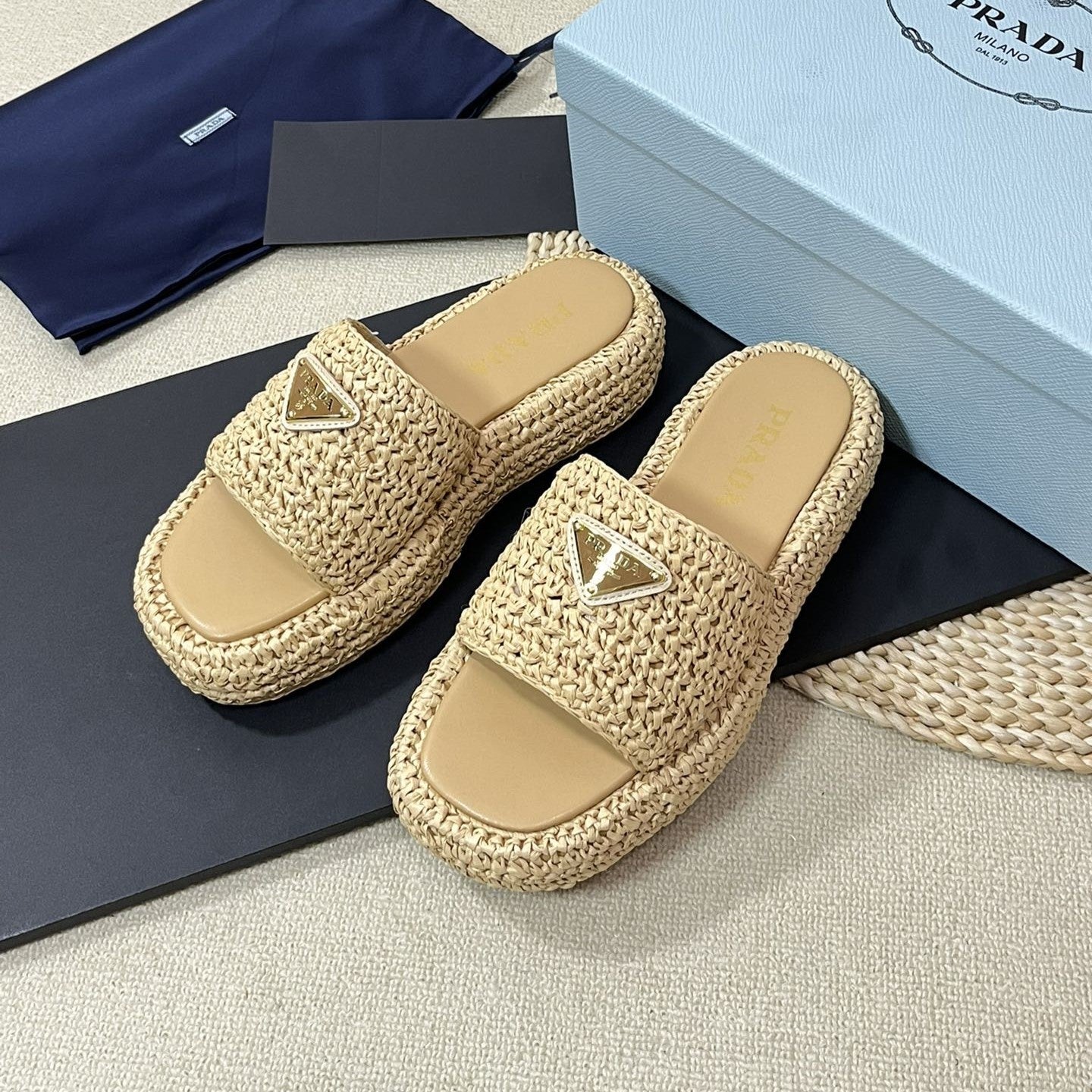 Luxury PradaCrochet Flatform Slides 40 Beige