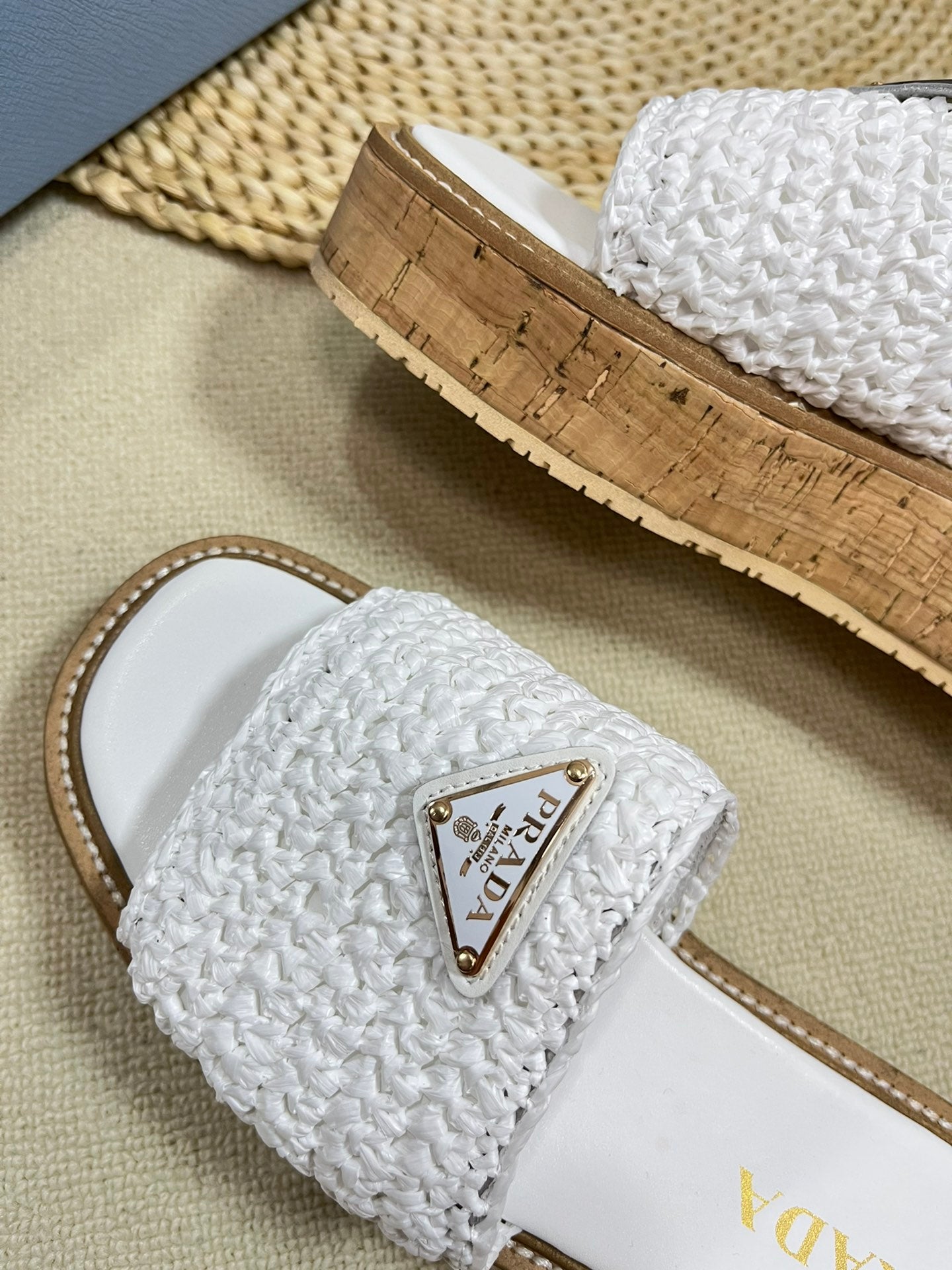 Luxury PradaCrochet Flatform Slides 40 Lightweight Cork Sole White
