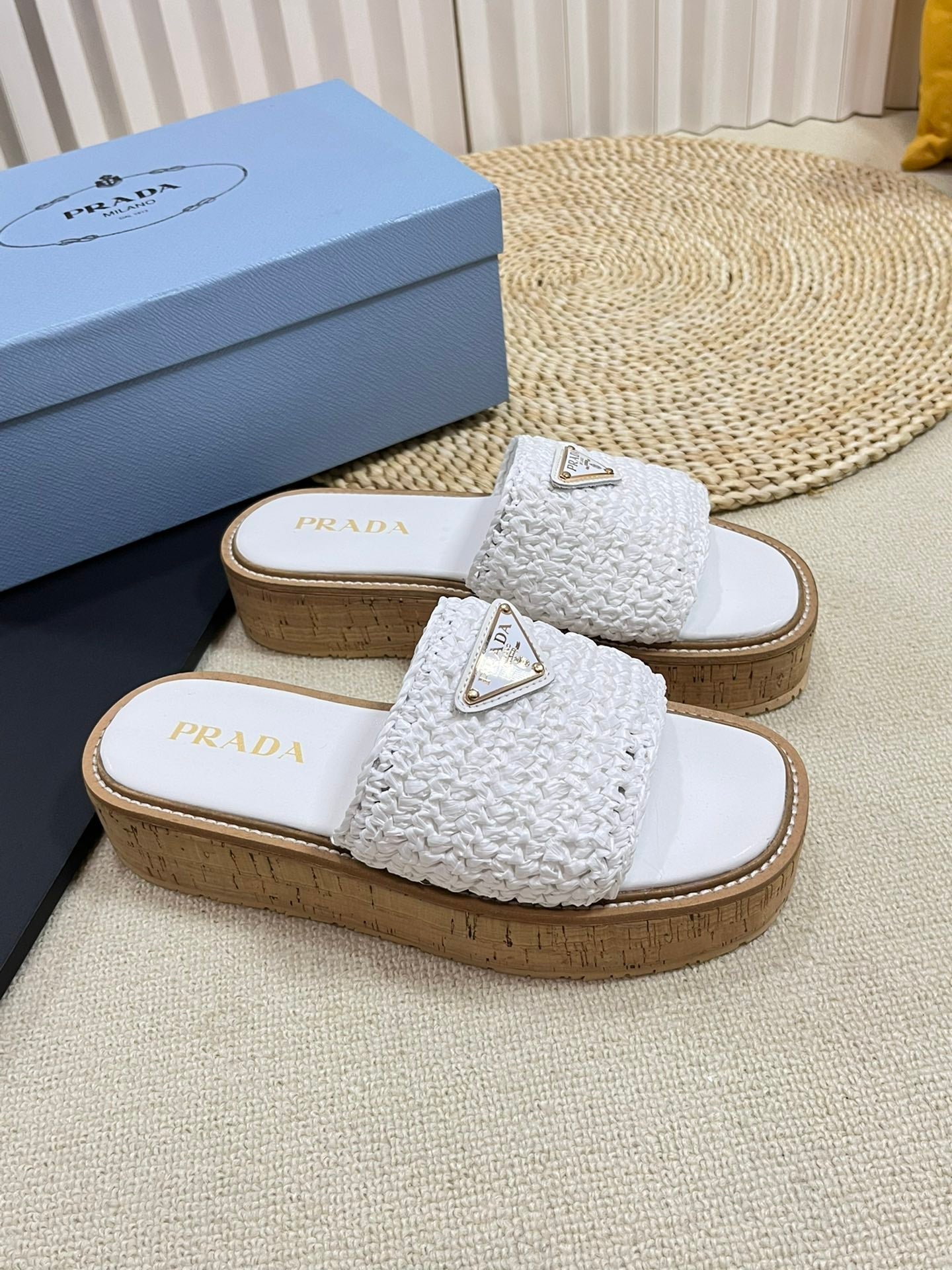 Luxury PradaCrochet Flatform Slides 40 Lightweight Cork Sole White