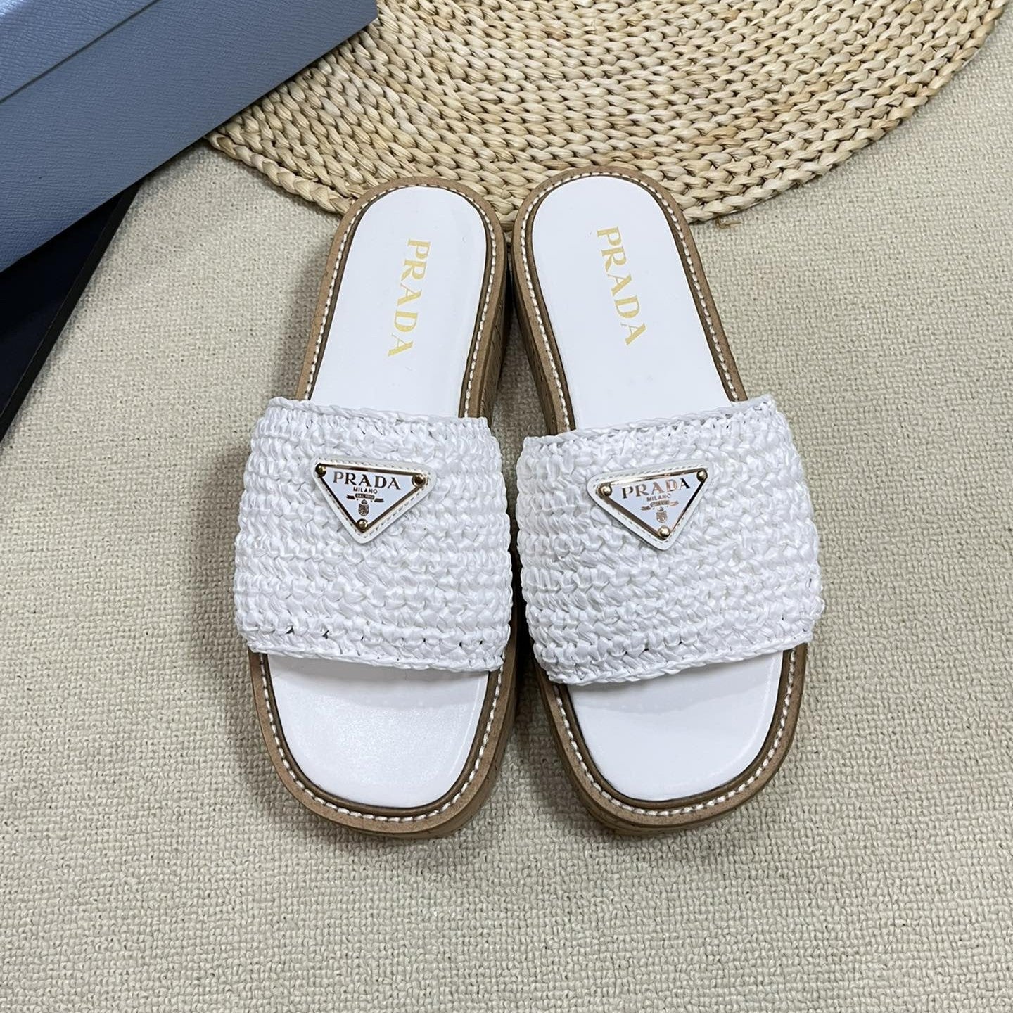 Luxury PradaCrochet Flatform Slides 40 Lightweight Cork Sole White