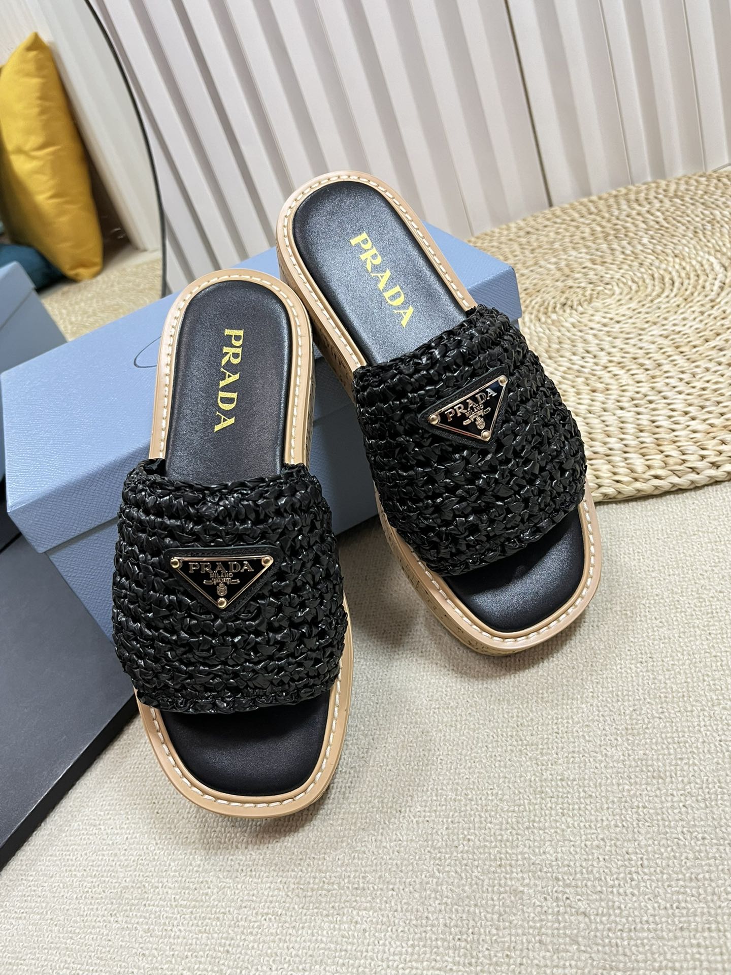 Luxury PradaCrochet Flatform Slides 40 Lightweight Cork Sole Black