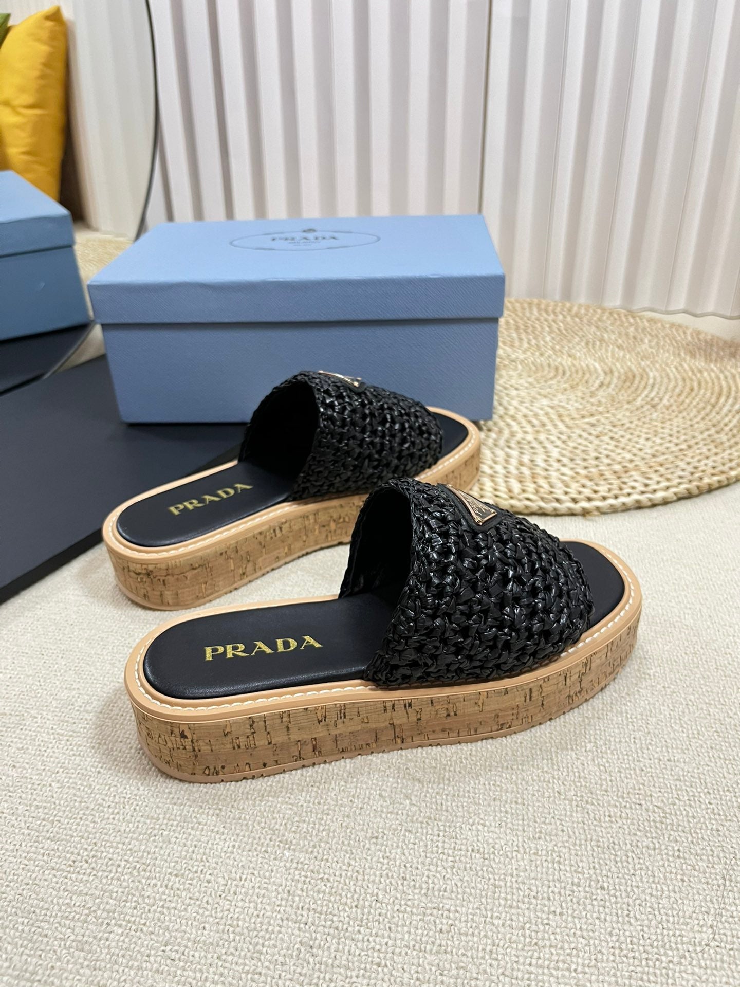 Luxury PradaCrochet Flatform Slides 40 Lightweight Cork Sole Black