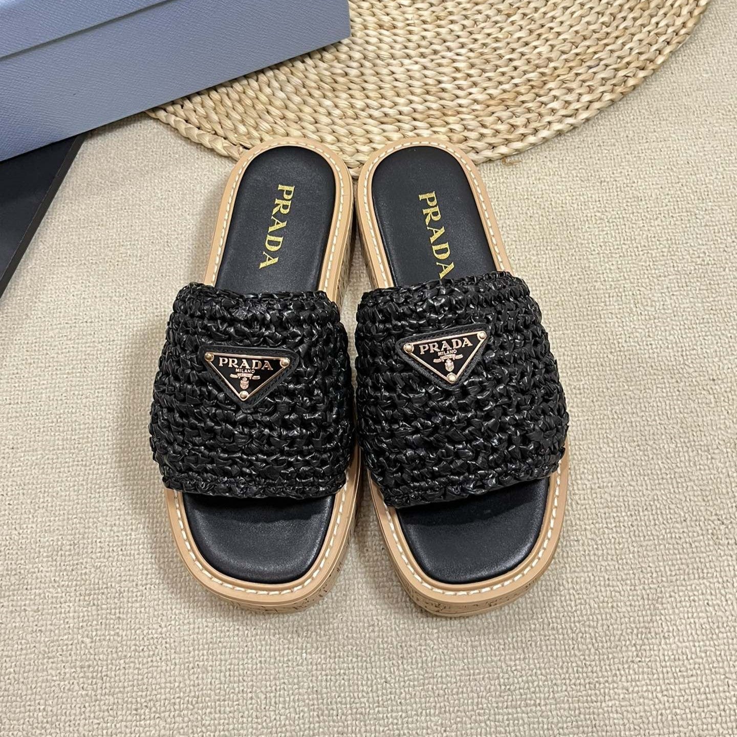 Luxury PradaCrochet Flatform Slides 40 Lightweight Cork Sole Black