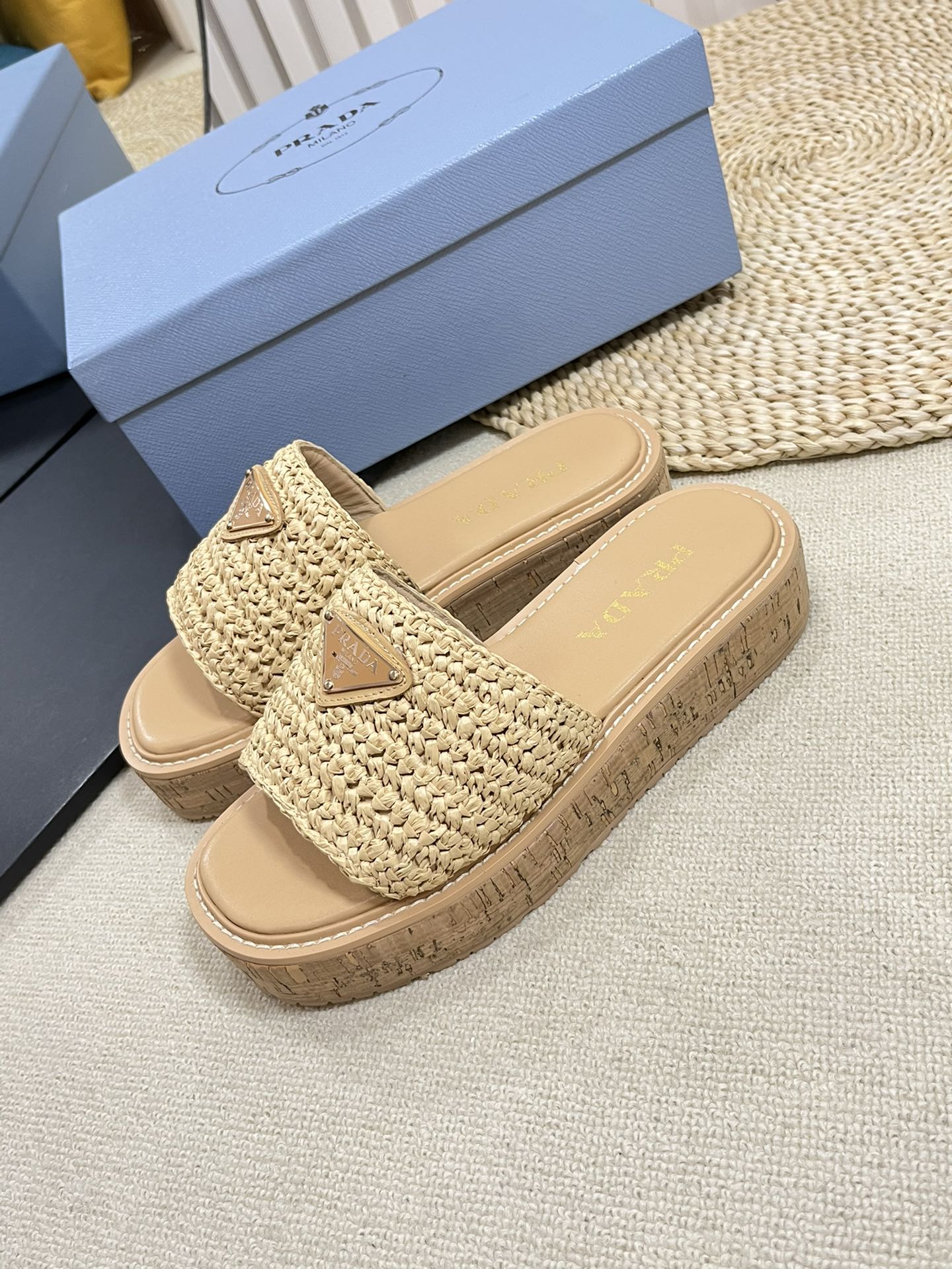 Luxury PradaCrochet Flatform Slides 40 Lightweight Cork Sole Beige