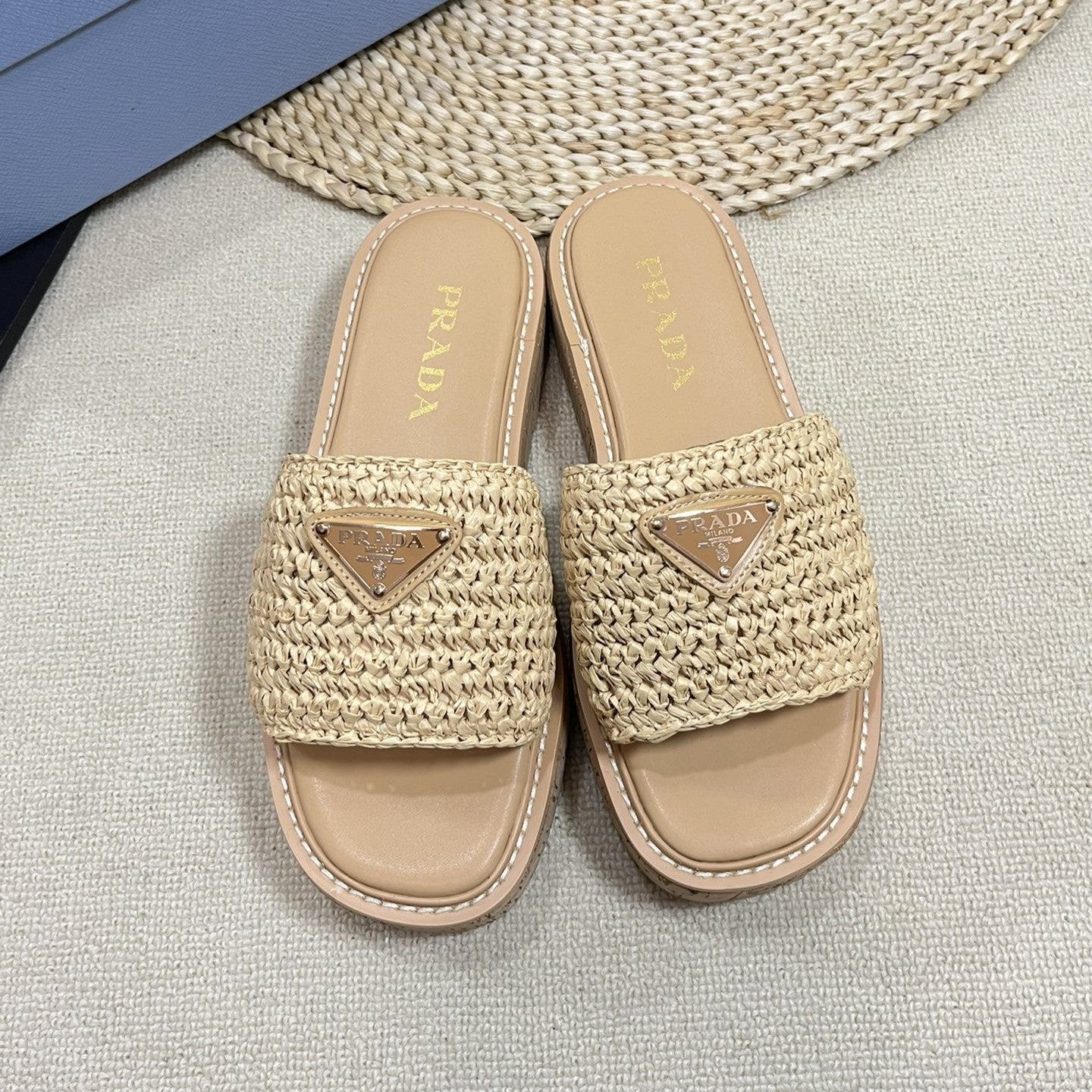 Luxury PradaCrochet Flatform Slides 40 Lightweight Cork Sole Beige