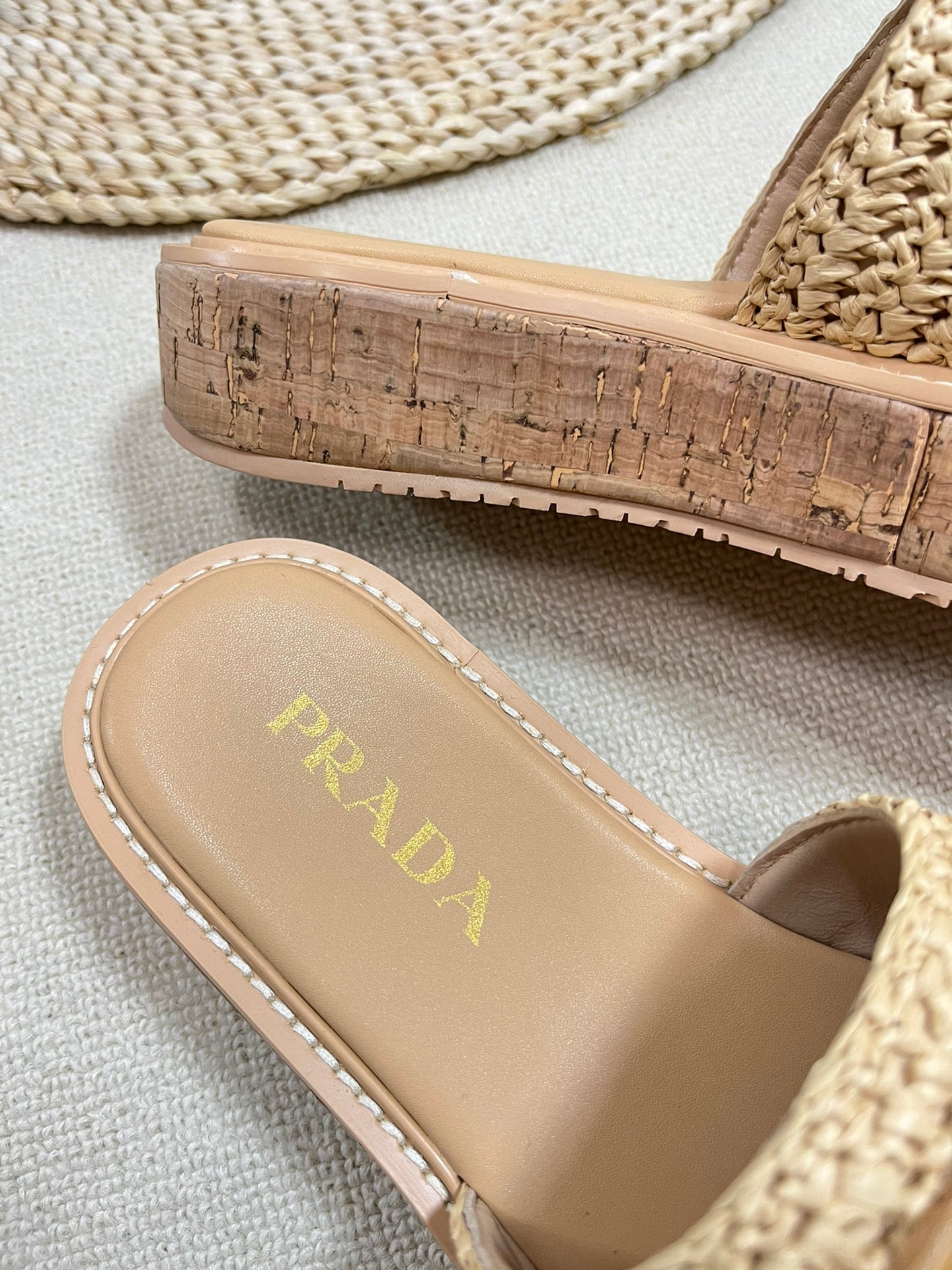 Luxury PradaCrochet Flatform Slides 40 Lightweight Cork Sole Beige