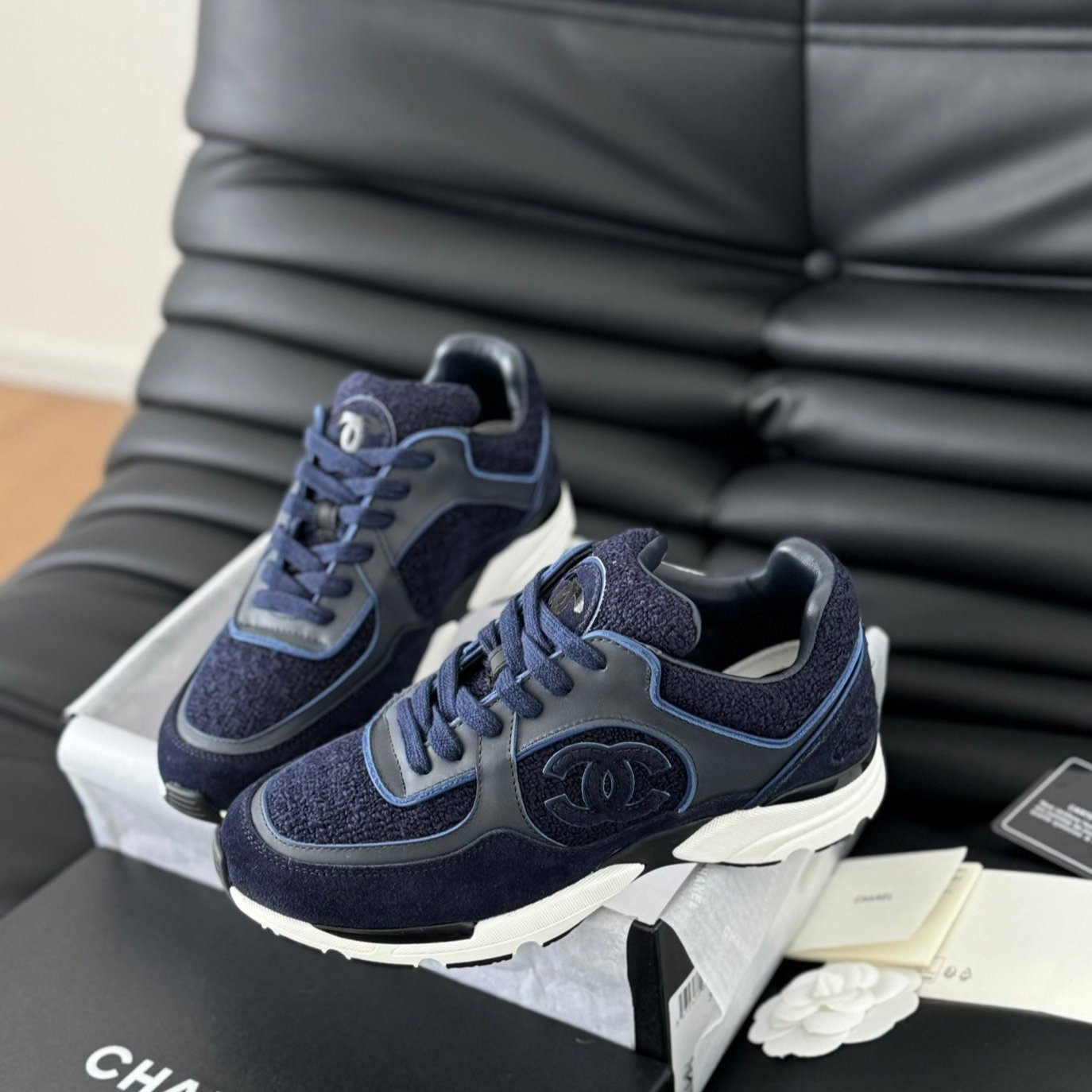 Luxury Chanel sneaker dark blue tweed suede