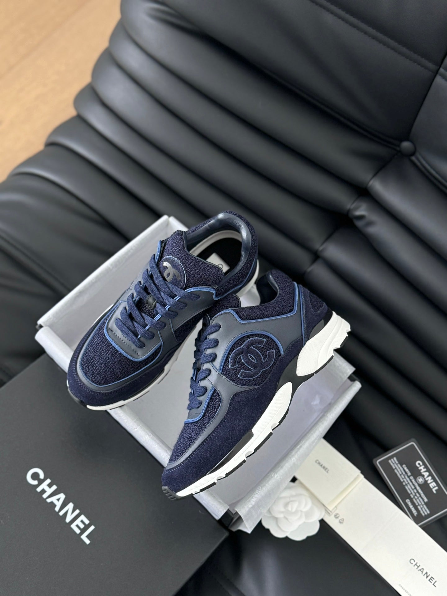 Luxury Chanel sneaker dark blue tweed suede