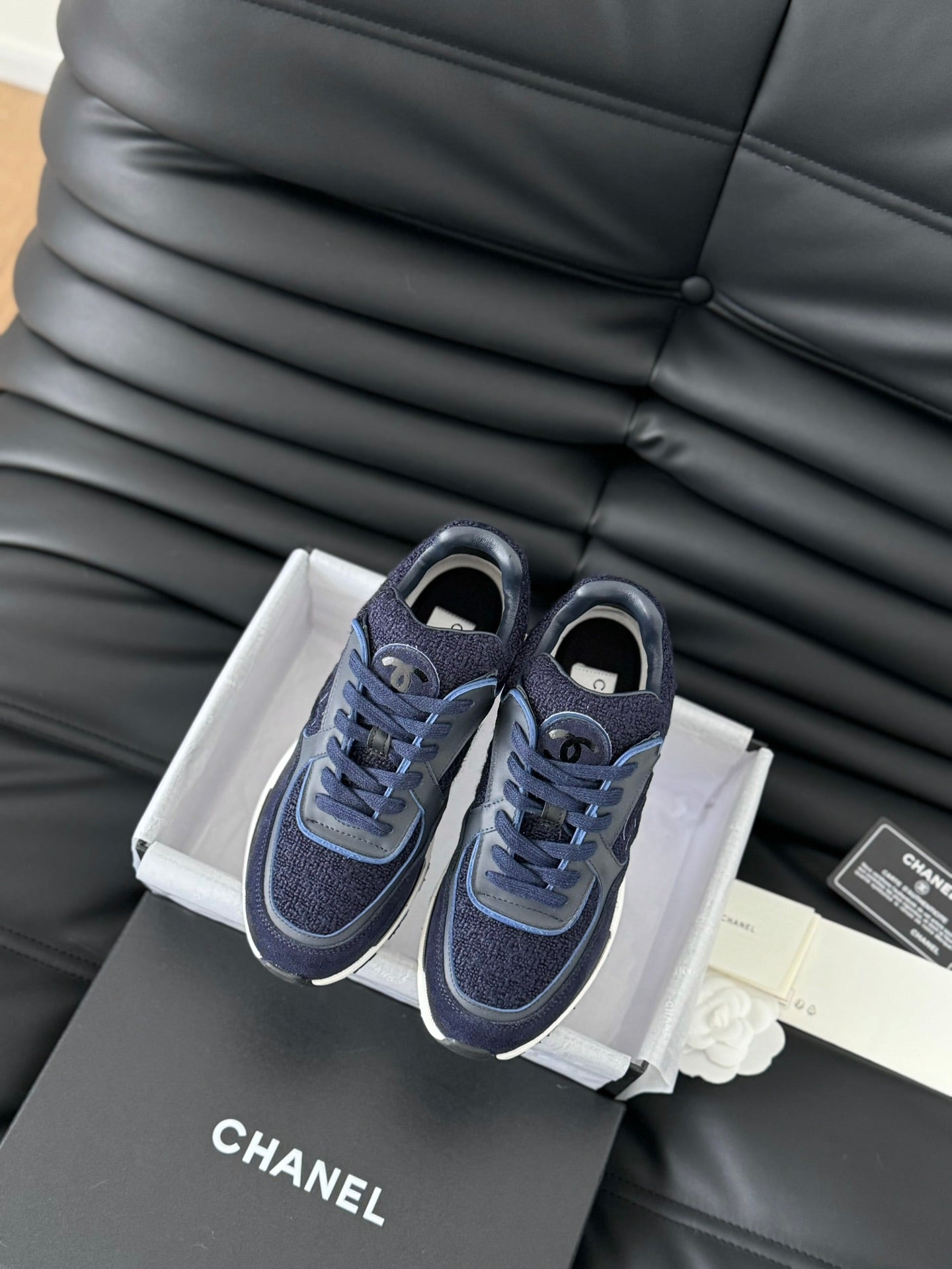 Luxury Chanel sneaker dark blue tweed suede