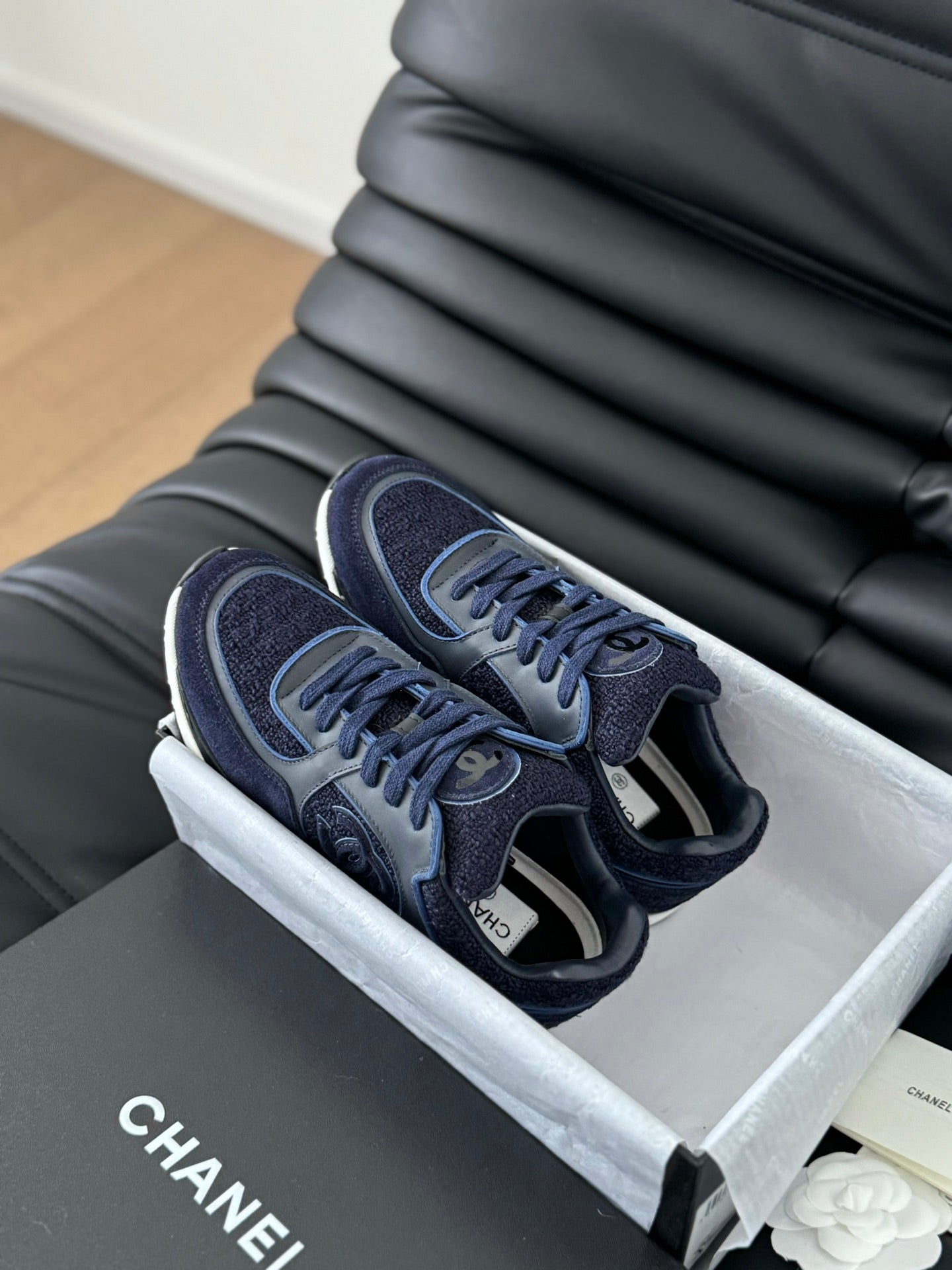 Luxury Chanel sneaker dark blue tweed suede