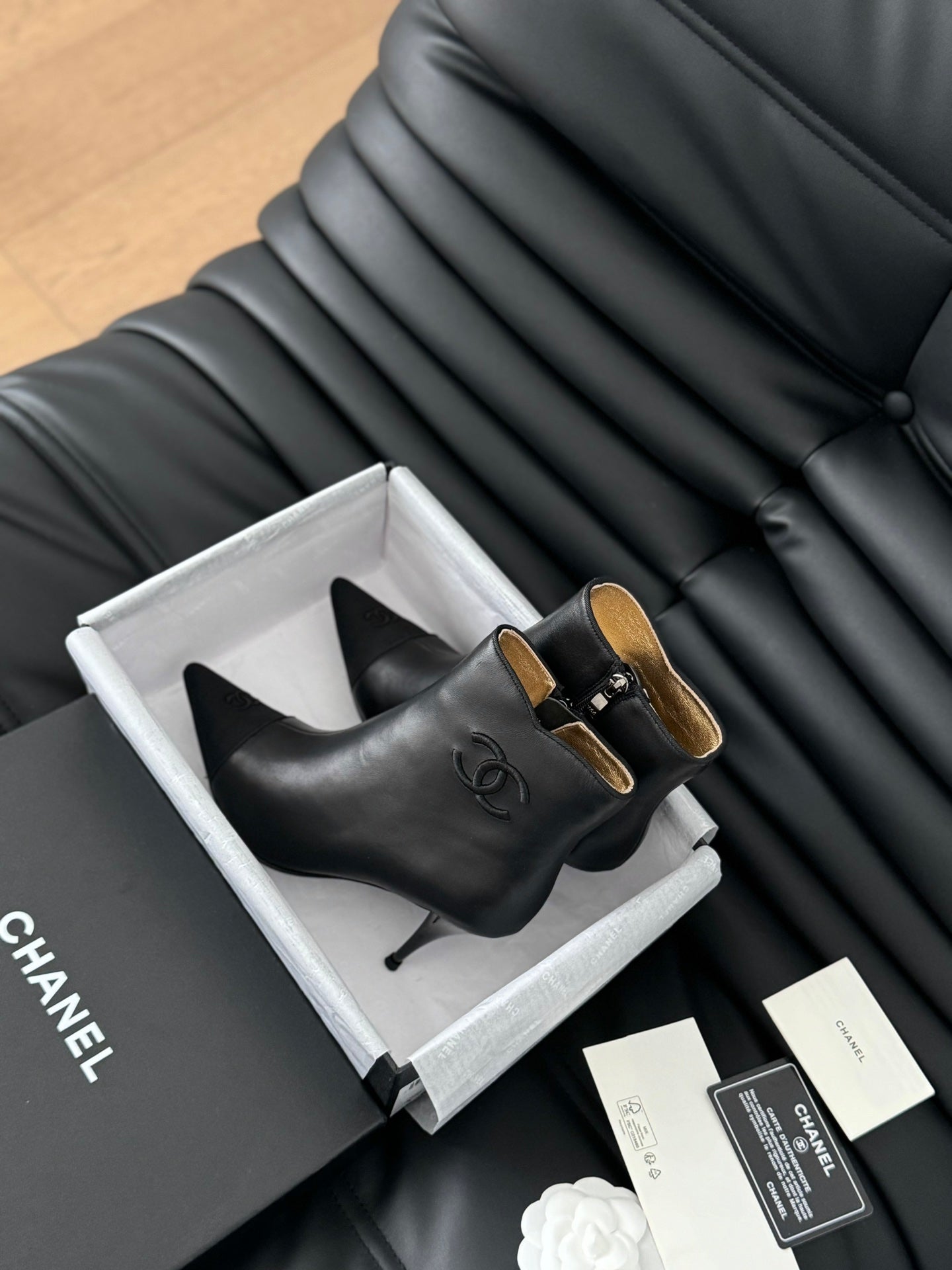 Luxury Chanel short boots 80 heel black calfskin