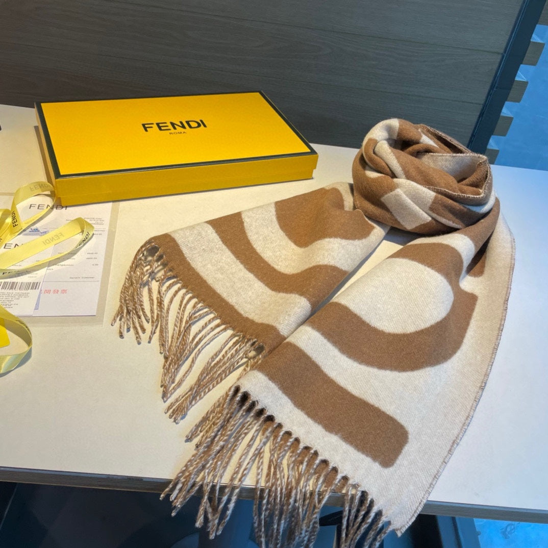 Luxury FendiFF 185 CM SCARF IN CARAMEL BROWN MIX WHITE CASHMERE AND WOOL