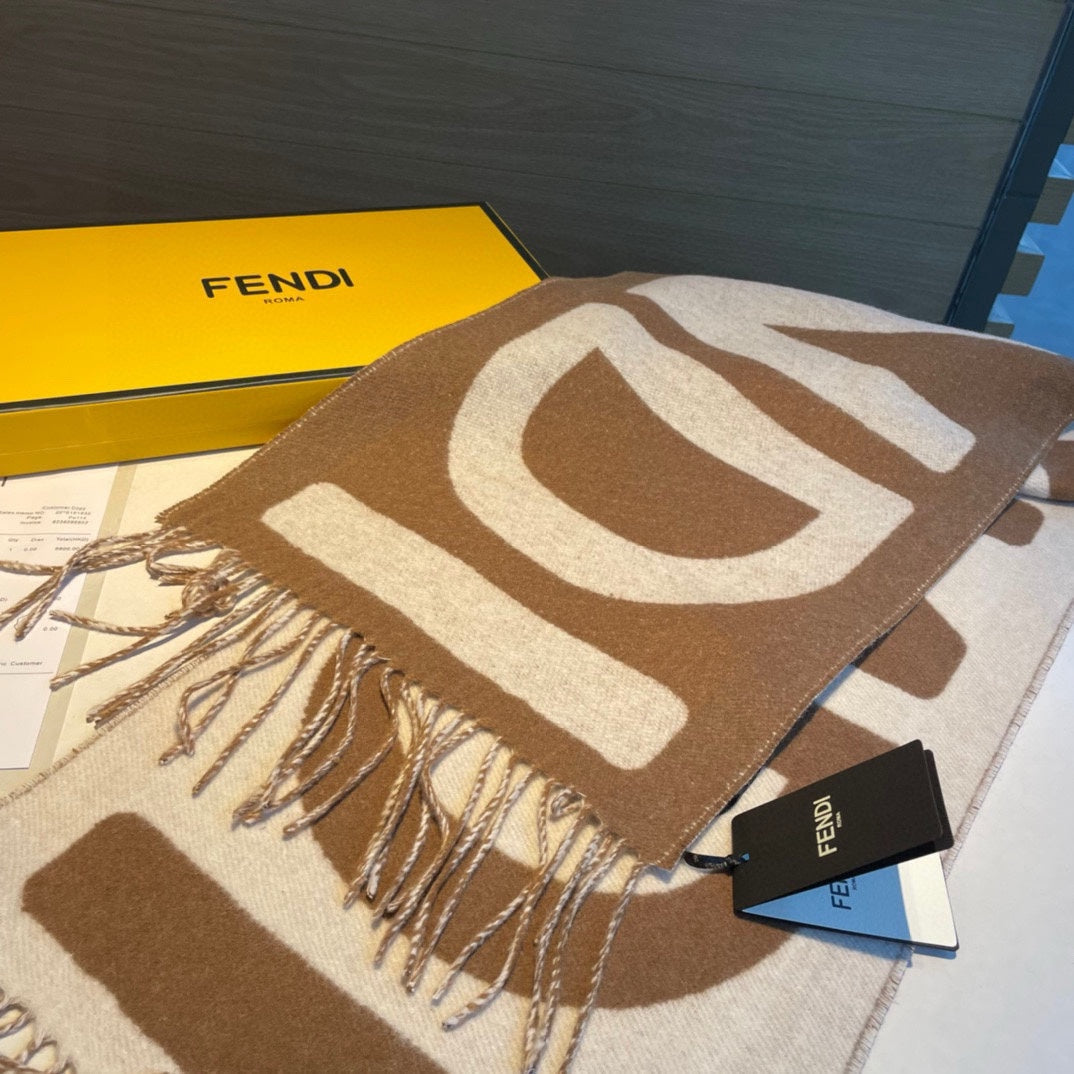 Luxury FendiFF 185 CM SCARF IN CARAMEL BROWN MIX WHITE CASHMERE AND WOOL