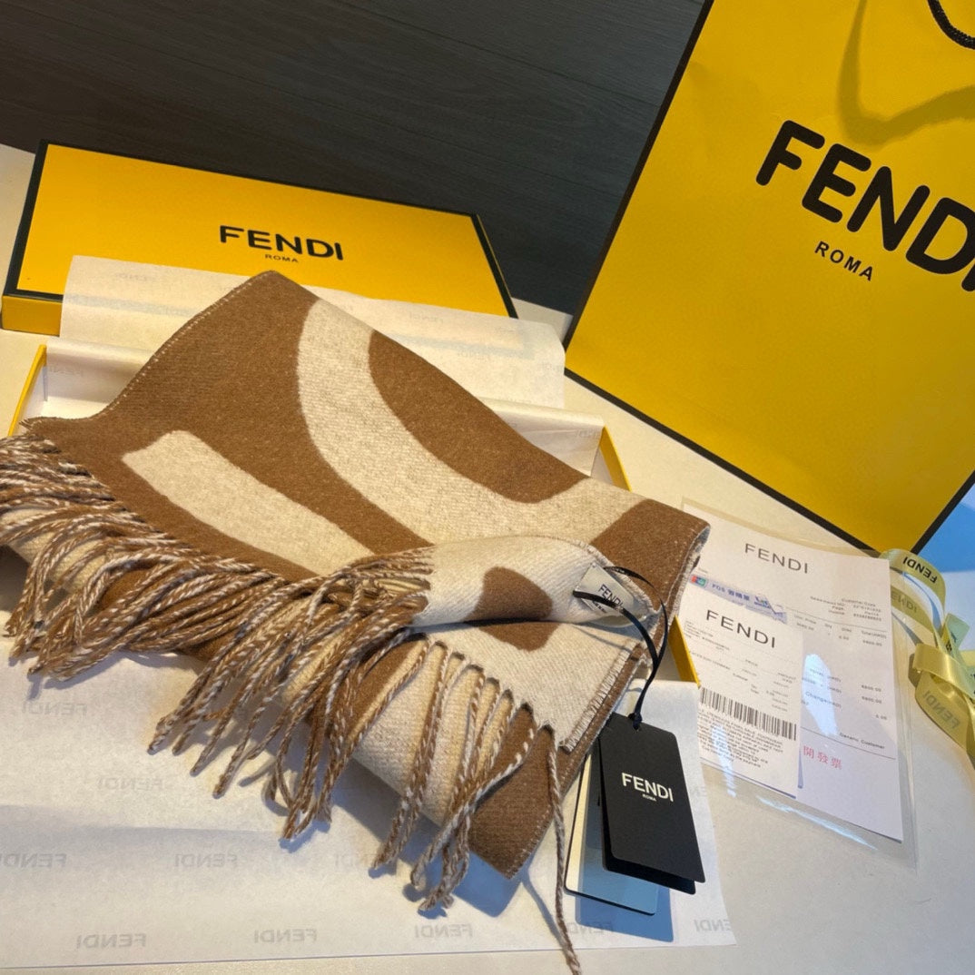 Luxury FendiFF 185 CM SCARF IN CARAMEL BROWN MIX WHITE CASHMERE AND WOOL