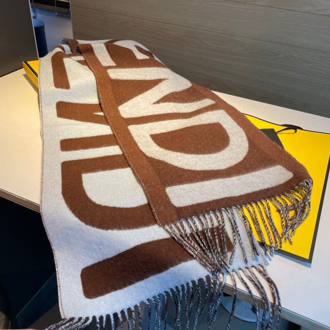 Luxury FendiFF 185 CM SCARF IN CAMEL BROWN MIX GREY CASHMERE AND WOOL