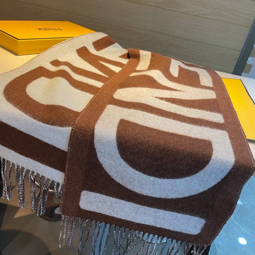 Luxury FendiFF 185 CM SCARF IN CAMEL BROWN MIX GREY CASHMERE AND WOOL