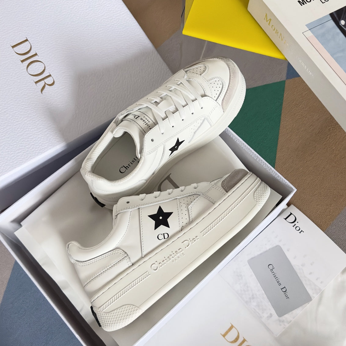 Luxury Diorstar sneaker white cream calfksin