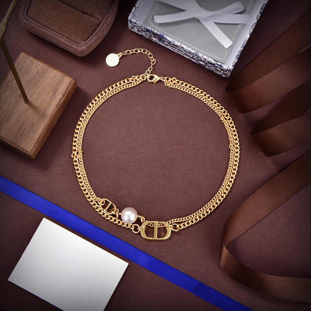 Luxury DiorLOGO MOP GOLD DOUBLE CHAIN NECKLACE