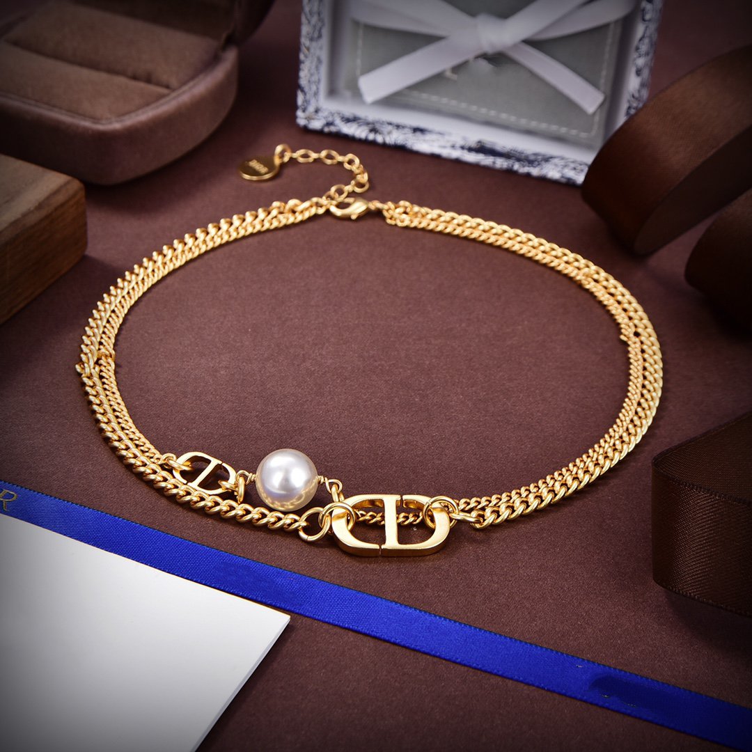 Luxury DiorLOGO MOP GOLD DOUBLE CHAIN NECKLACE