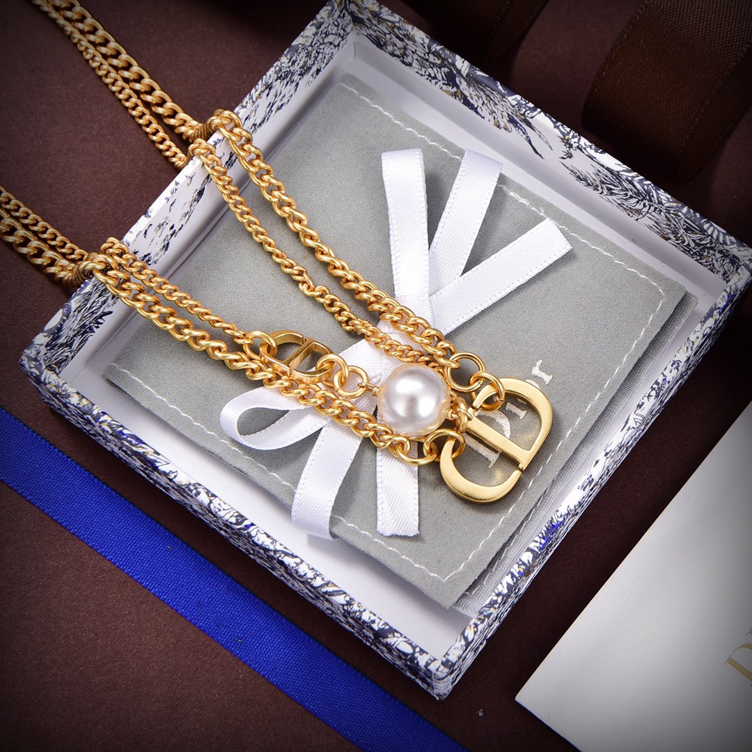 Luxury DiorLOGO MOP GOLD DOUBLE CHAIN NECKLACE