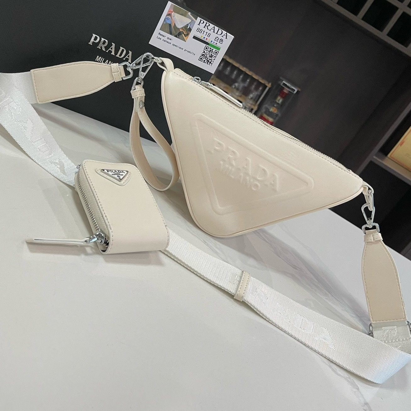 Luxury PradaTRIANGLE 27 SHOULDER BAG IN WHITE CALFSKIN WITH STRAP