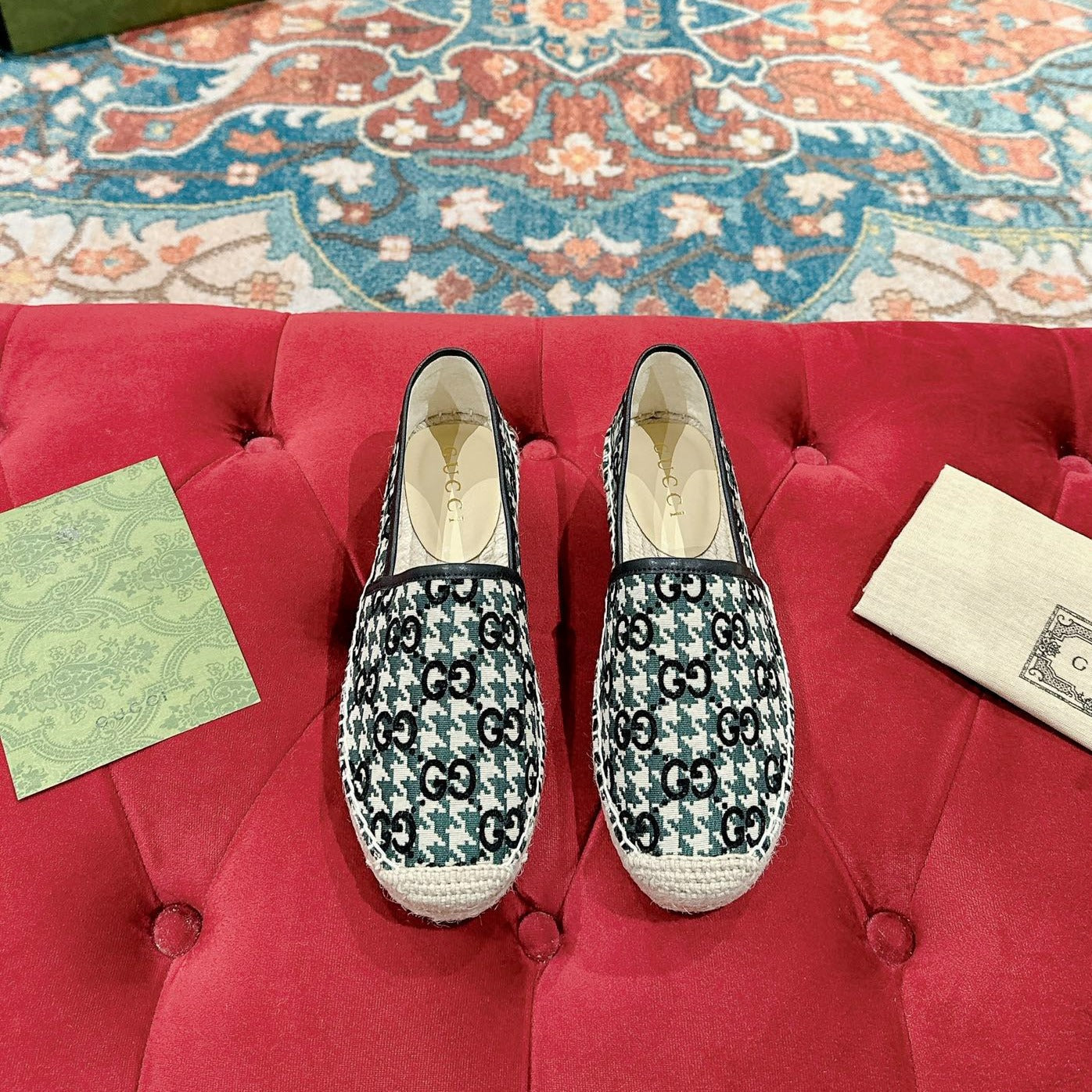 Luxury Gucci GG ESPADRILLE LOAFER BLACK AND BASIL CANVAS