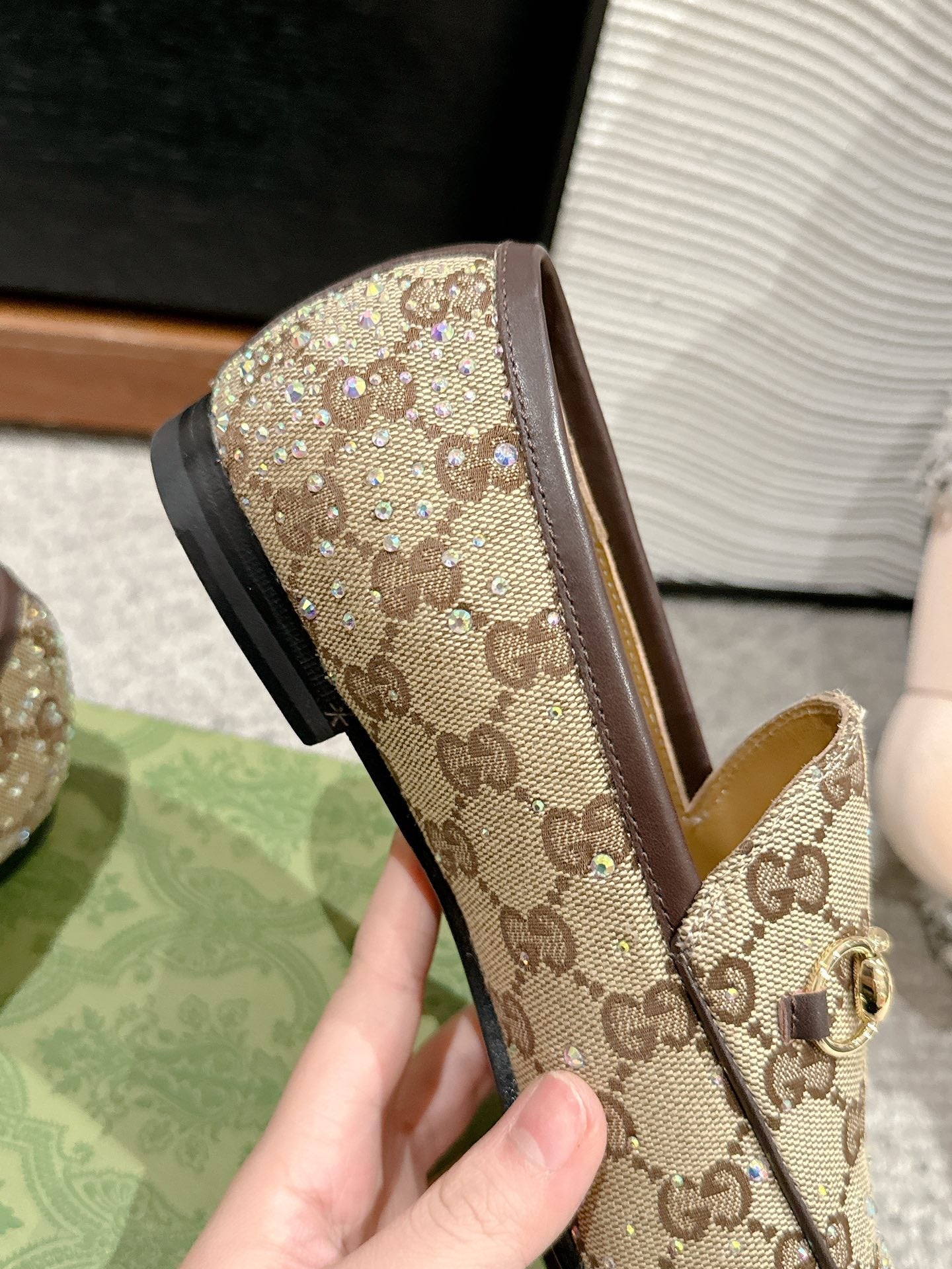 Luxury Gucci Horsebit Jordaan Loafer Beige Ebony Canvas Crystal-Embellished